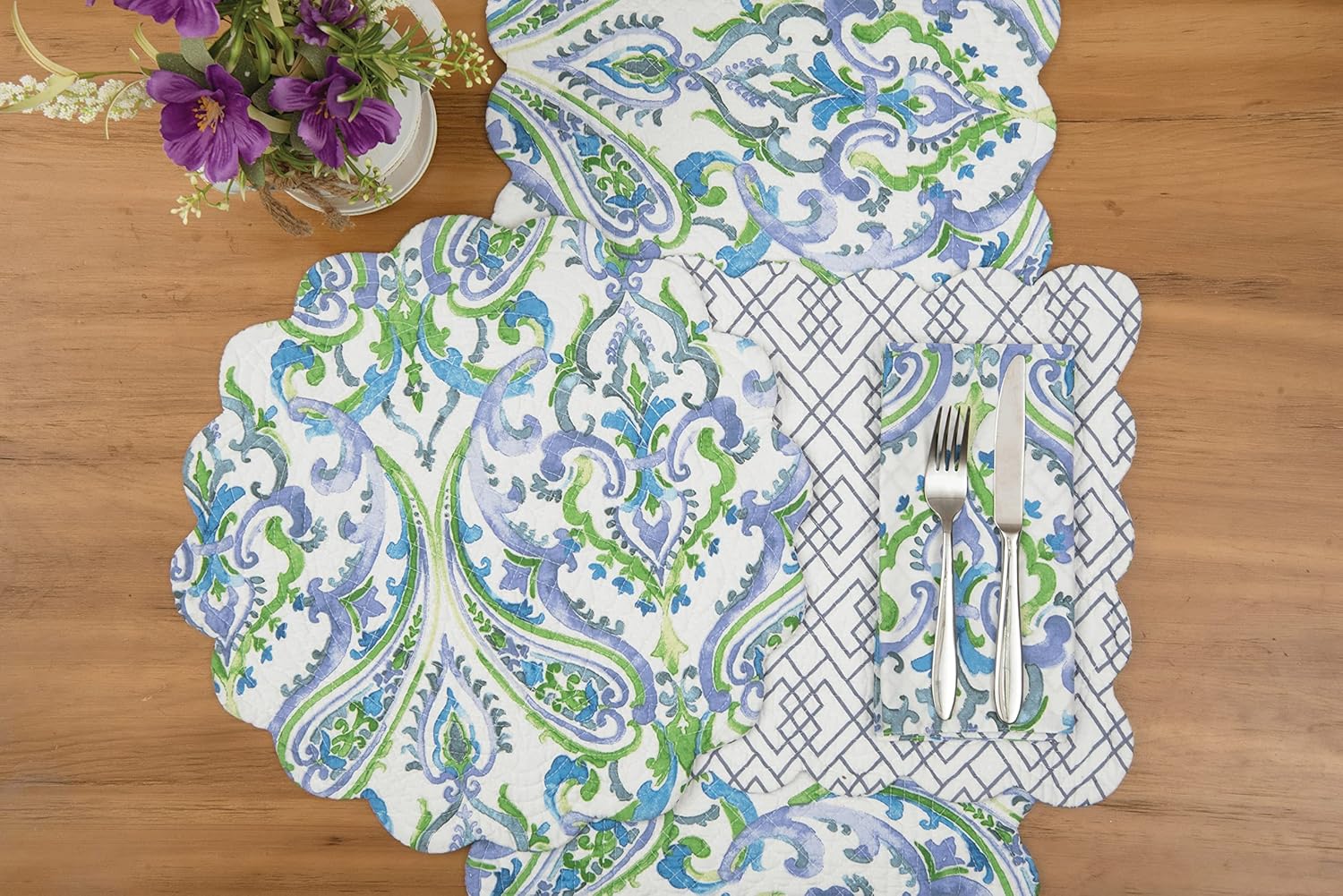 C&F Home Juliet – Mantel individual rectangular acolchado reversible azul verde blanco patrón de cachemira brillante colorido reversible a azul y