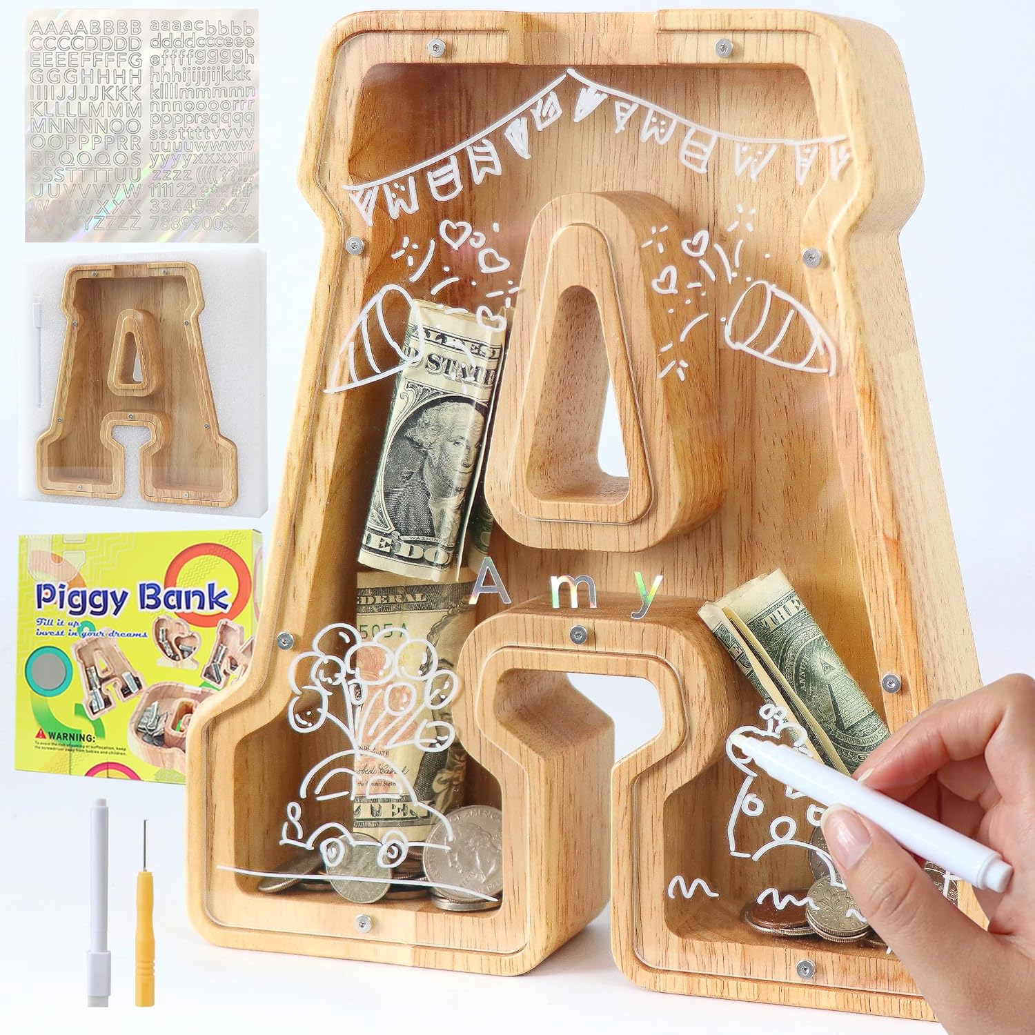 weallbuy Alcancía de madera grande con letras para niños y niñas, alcancías personalizadas de madera de la A a la Z con área objetivo, letras del