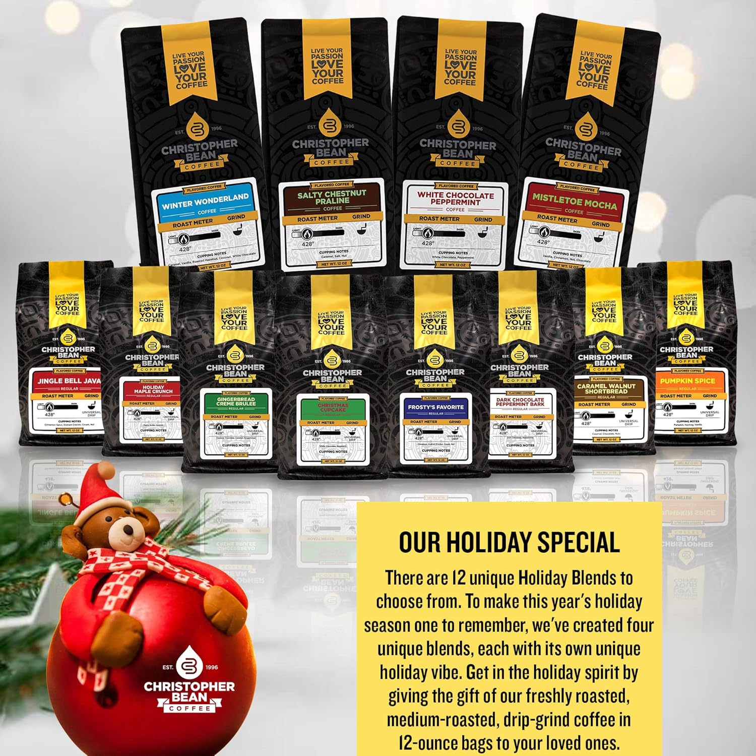 Christopher Bean – Café molido con sabor regular, sin azúcar, sin lácteos, sin grasa, café molido arábica con sabor a OMG, café molido tostado