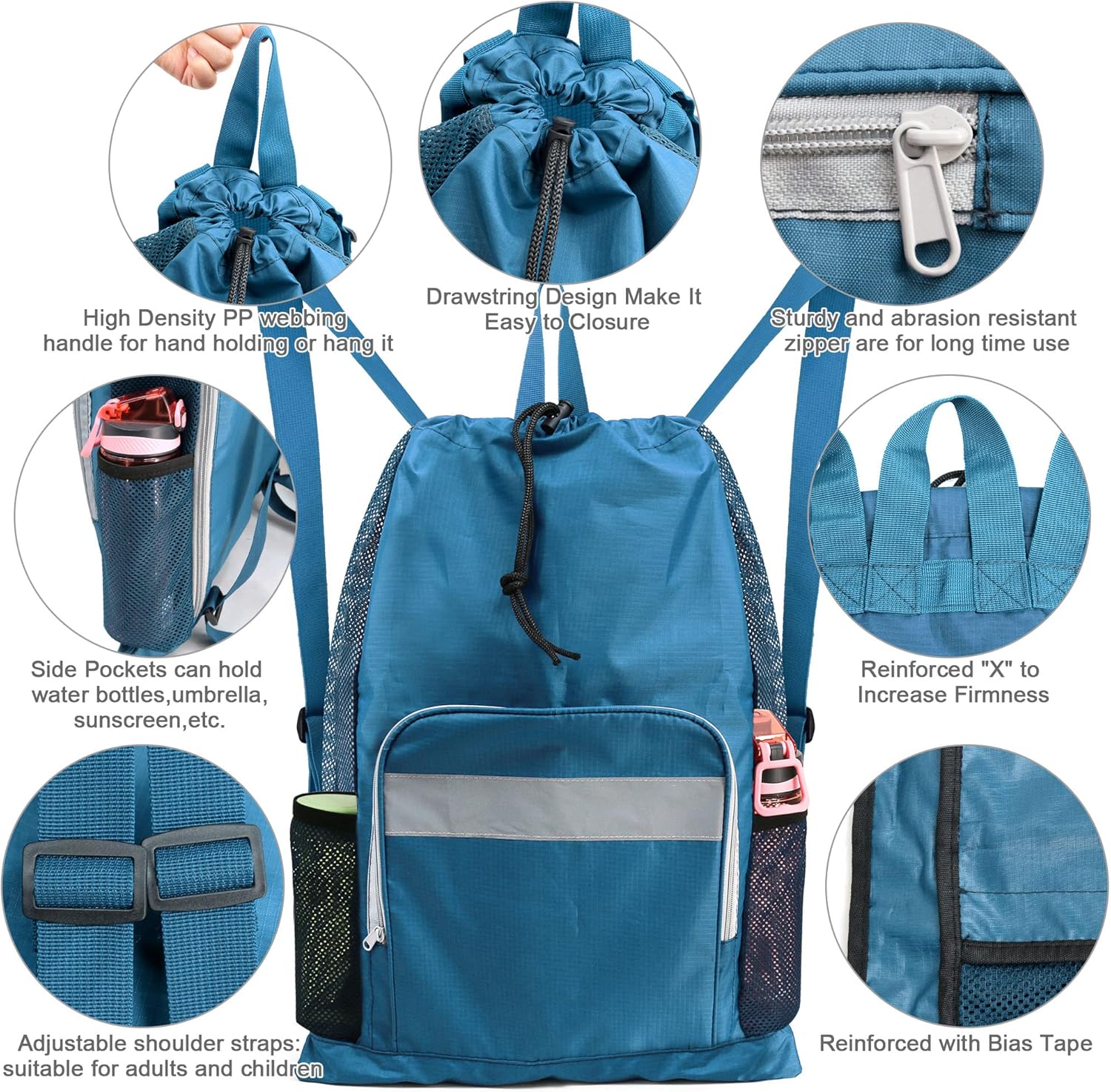 BeeGreen Mochila de gimnasio con cordón y bolsillo con cremallera, bolsa de natación para hombres y mujeres, bolsa de natación con cordón, bolsa
