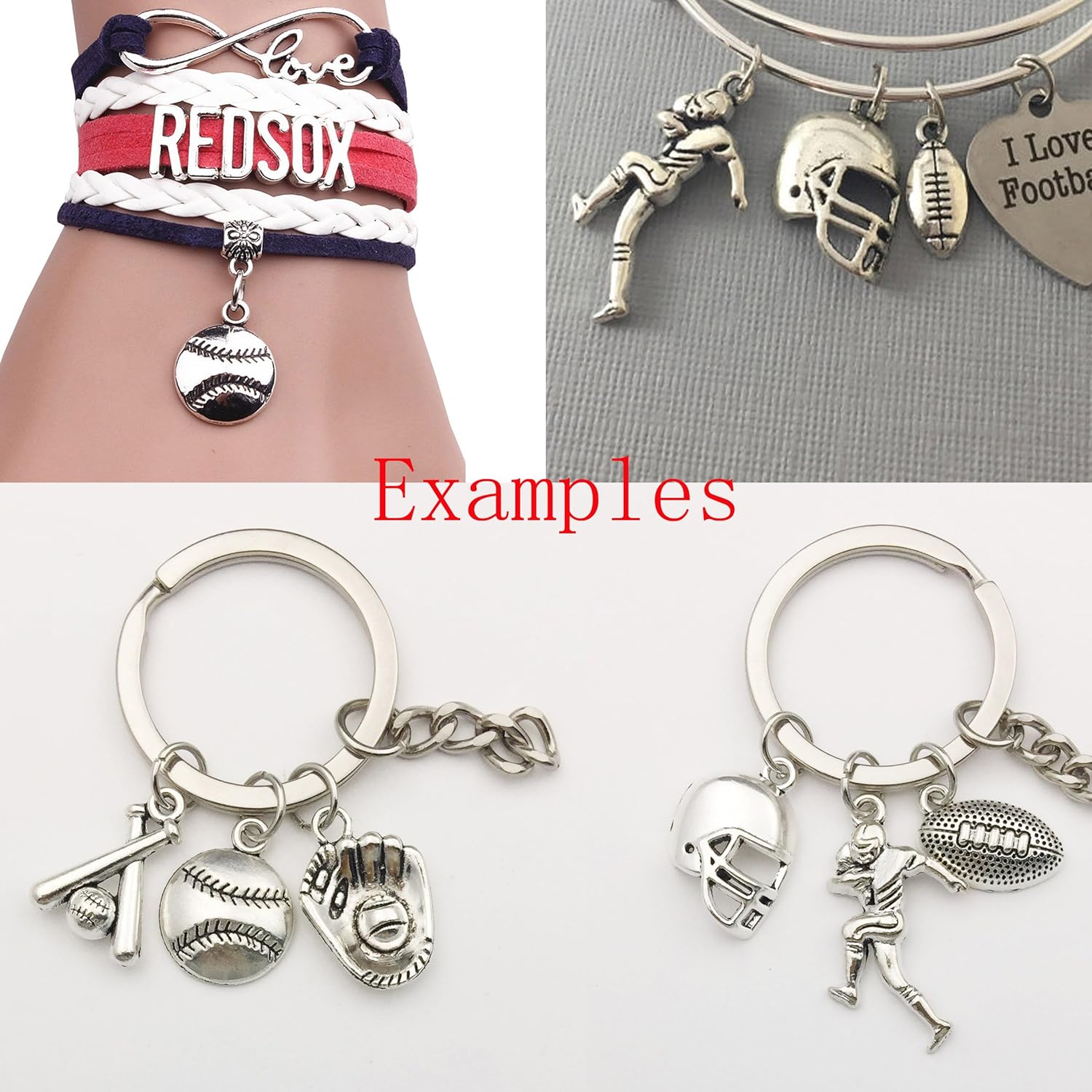 100pcs Antique Silver Sport Charms for Jewelry Making Alloy Football Baseball Softball Soccer Charms for DIY Crafts (SN272)