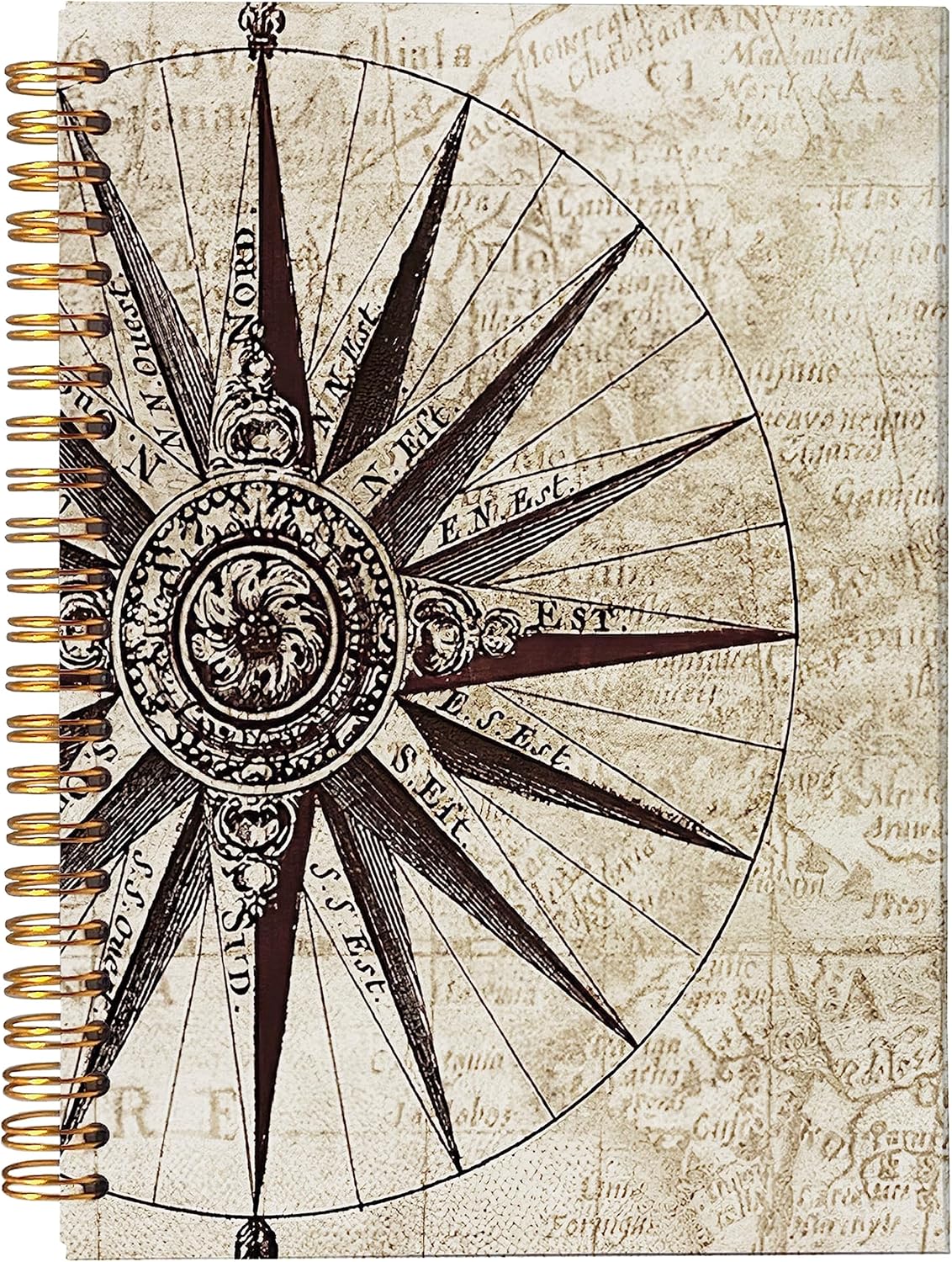 Cuaderno de espiral con brújula de mapa vintage de 8.3 x 5.5 pulgadas, tapa dura, con rayas universitarias, diario para tomar notas, regalos para