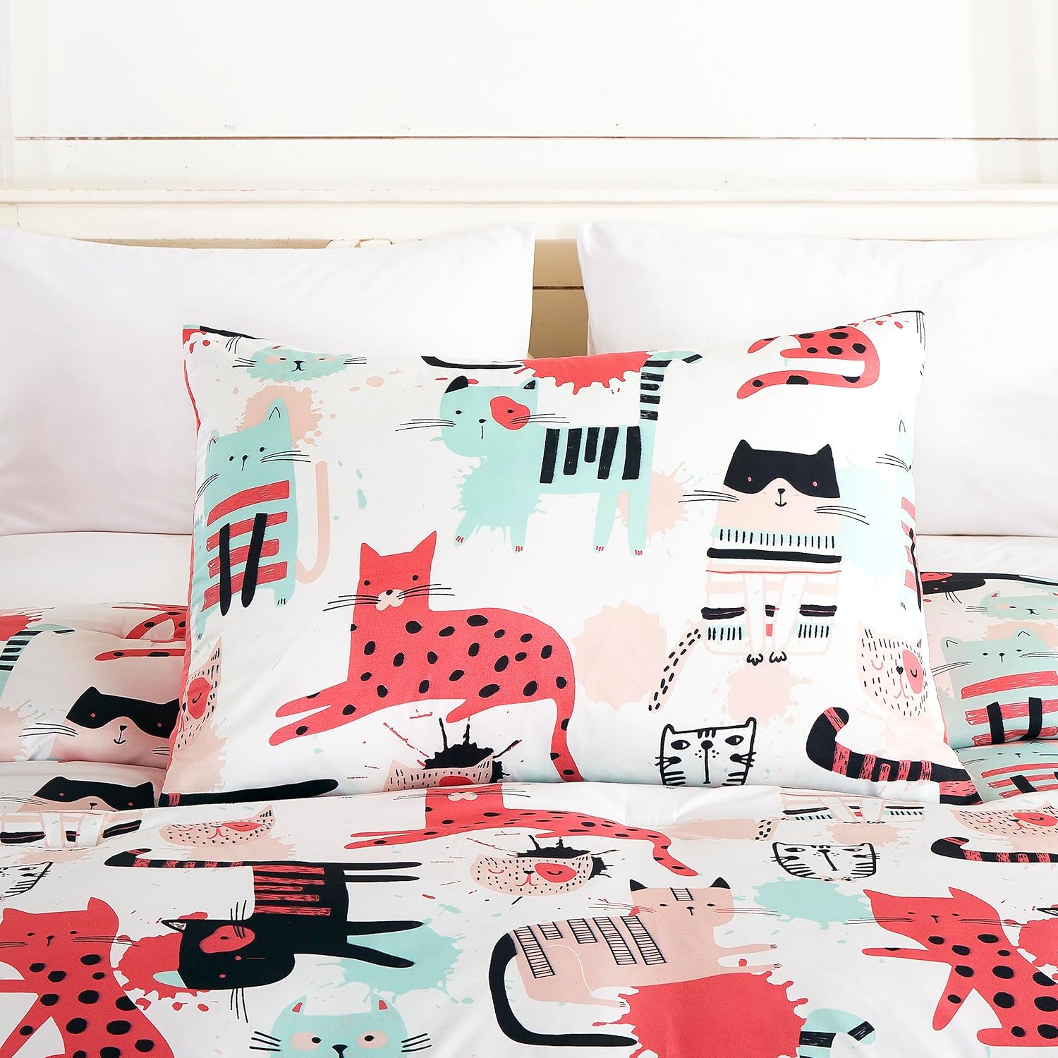 Chezmoi Collection Juego de ropa de cama de 3 piezas con diseño de gatos de dibujos animados, tamaño individual, juego de edredón de microfibra