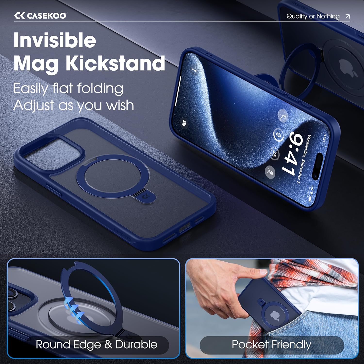CASEKOO Funda con anillo magnético oficial original para iPhone 15 Pro Max protección militar contra caídas compatible con MagSafe Funda delgada