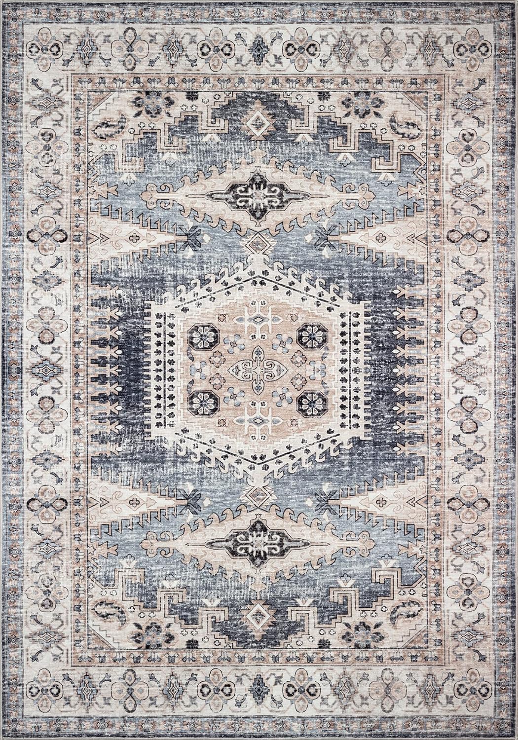 Valenrug Tapete tribal lavable a máquina, 4 x 6 pies, medallón envejecido, color azulbeige