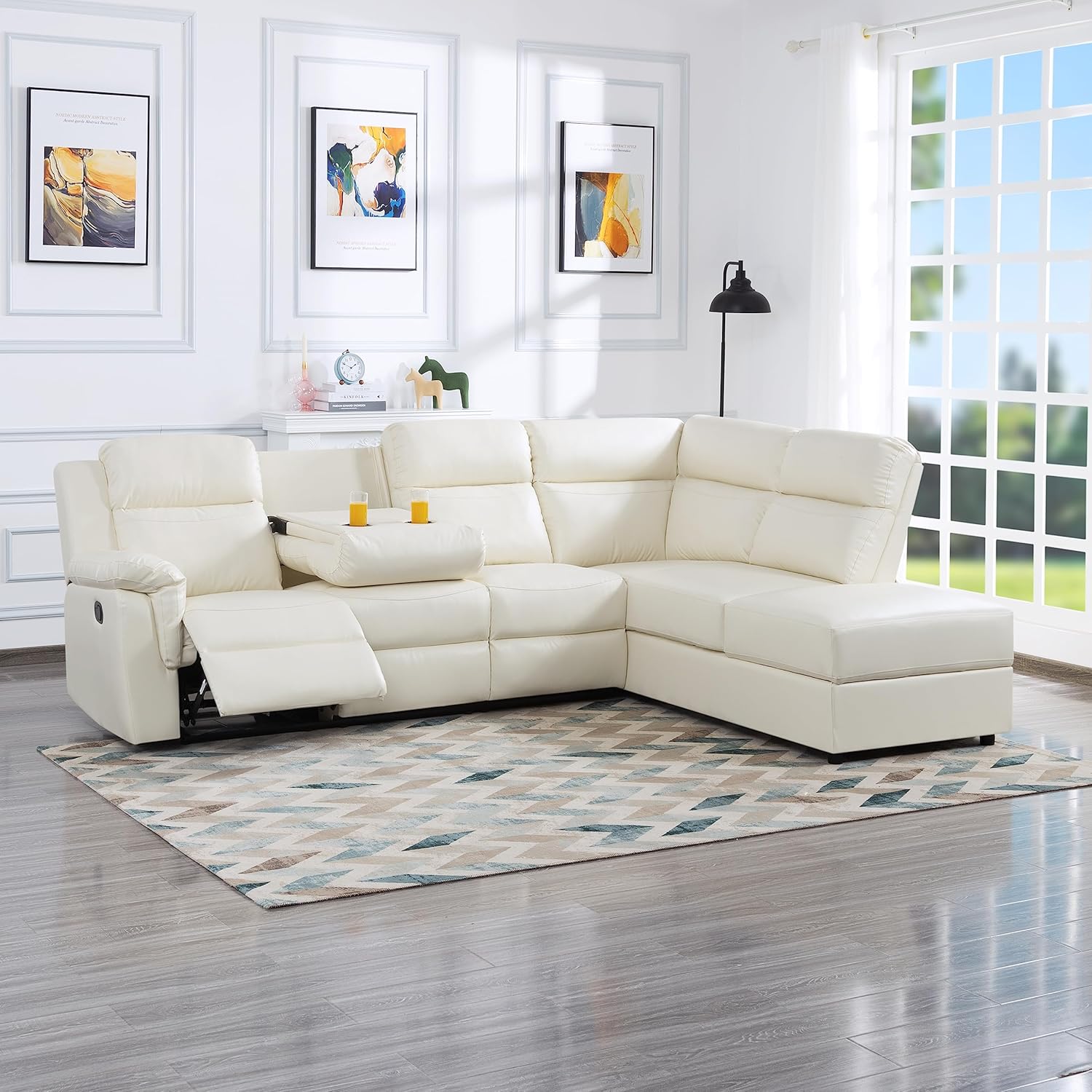 Moderno sofá seccional reclinable manual de piel sintética, 2 portavasos y otomana Sorage, esquina en forma de L de poliuretano 5 sofás para sala de