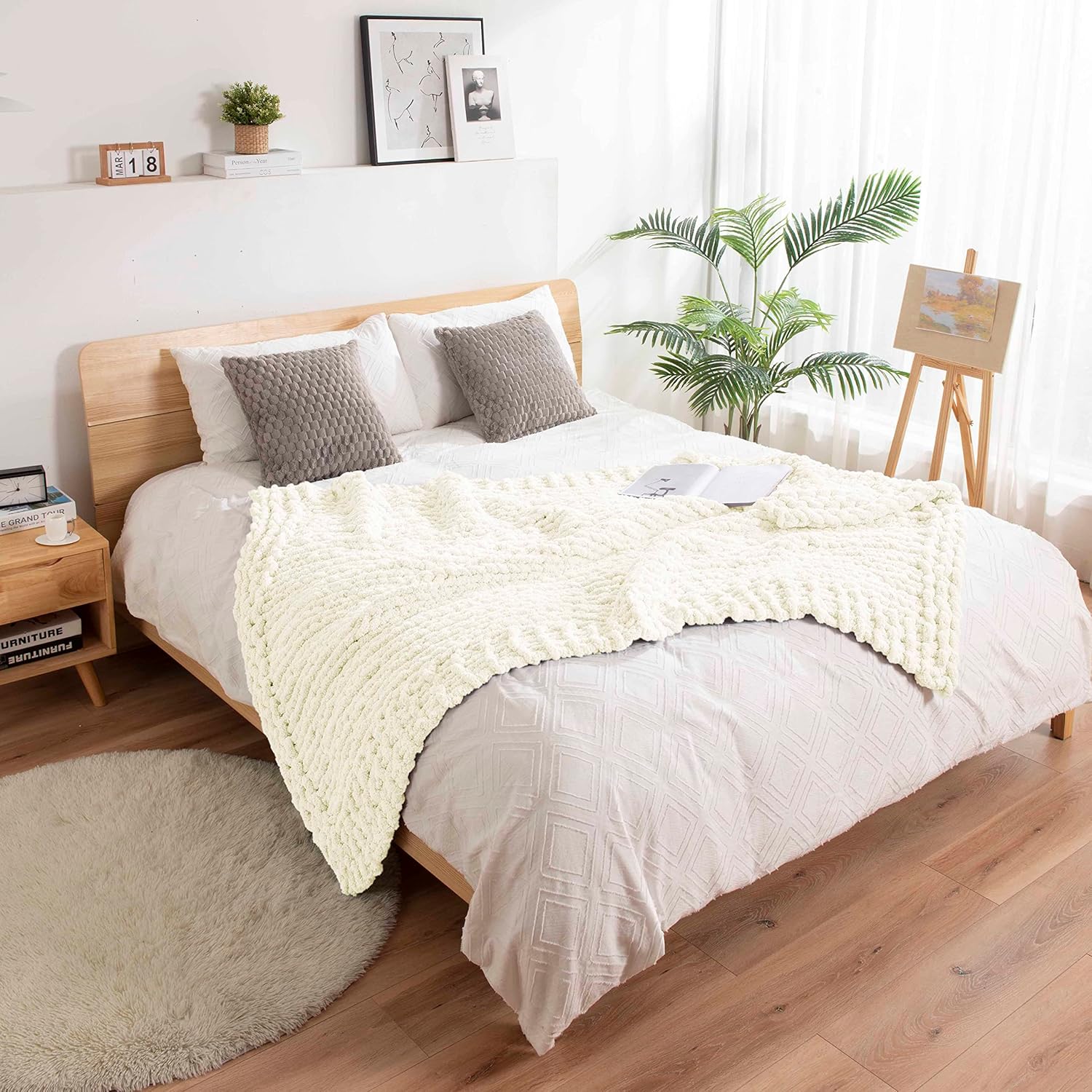 Clootess – Manta de felpilla de punto grueso, cálida, suave y acogedora para sillón y cama, decoración bohemia para el hogar (color marfil, 40 x