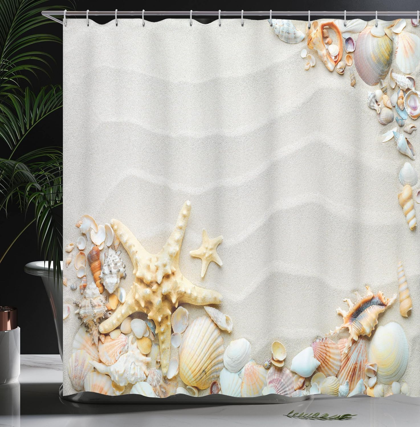 Ambesonne Cortina de ducha con estrellas de mar, costa de mar con arena con varias conchas marinas tropicales, temática de vida silvestre acuática,
