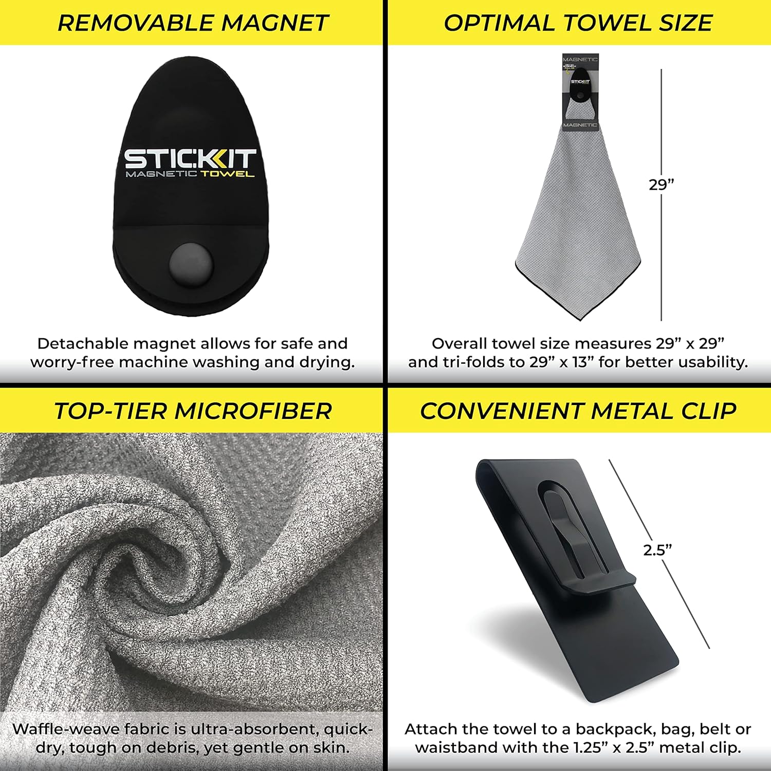 STICKIT Toalla deportiva magnética, color gris, toalla de microfibra de primer nivel con bolsillos profundos de gofre, imán potente para una