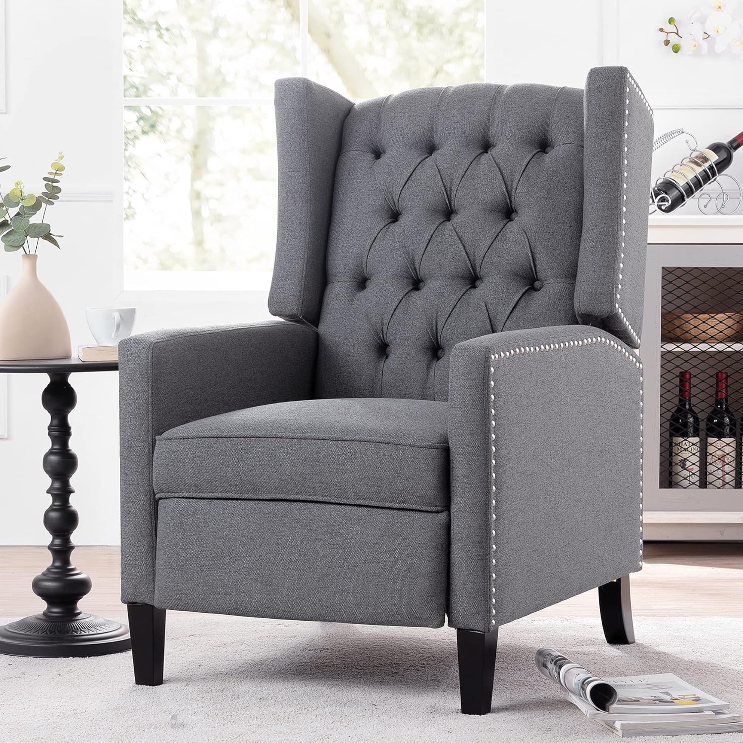 Silla reclinable con respaldo ajustable, cómoda silla reclinable con respaldo ajustable, sillón de tela copetuda con remaches vintage para sala de