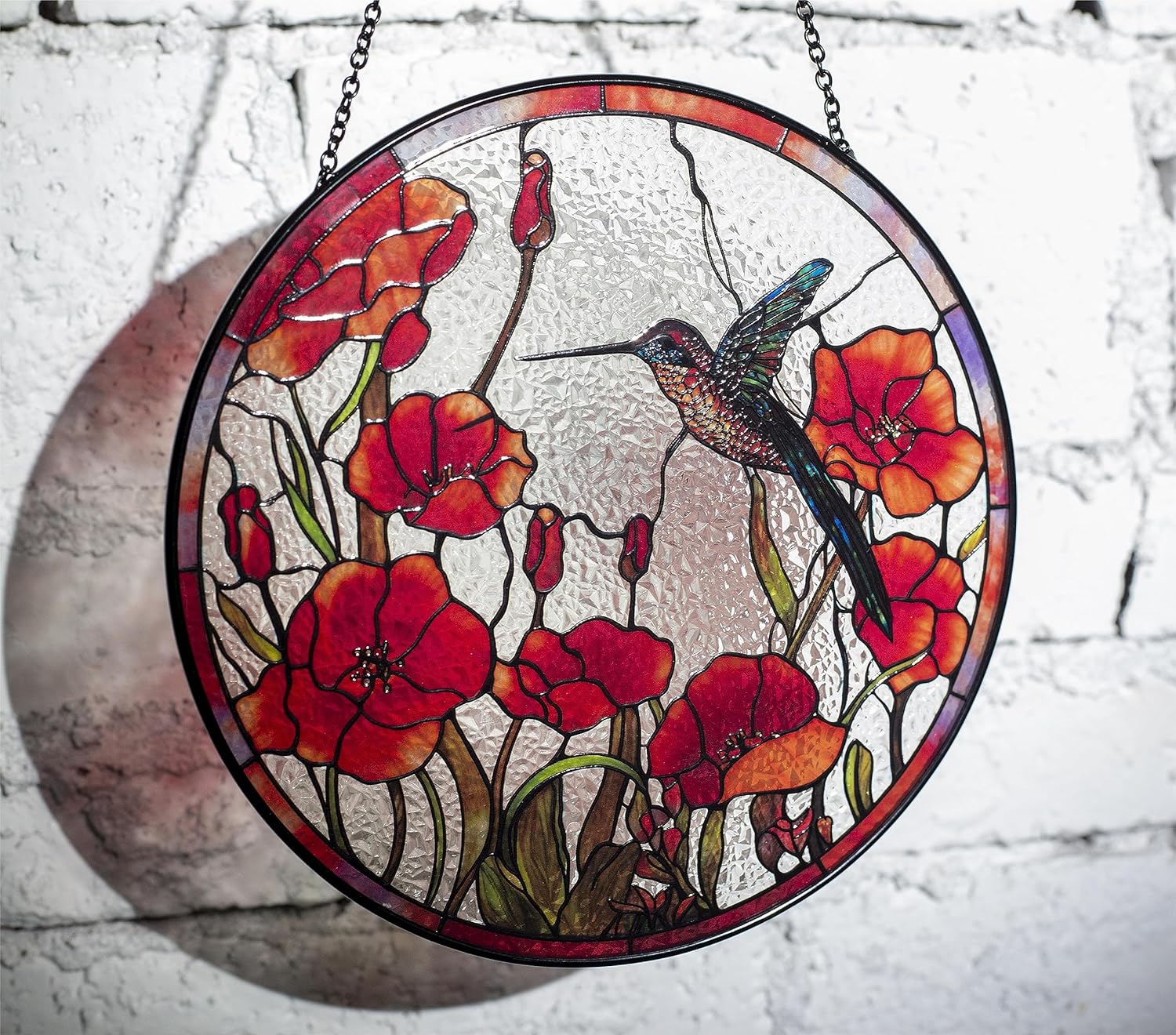 Atrapasoles de colibrí con vitrales, diseño original de 7.8 pulgadas, adorno de amapolas rojas de colibrí para atrapasoles para ventana interior