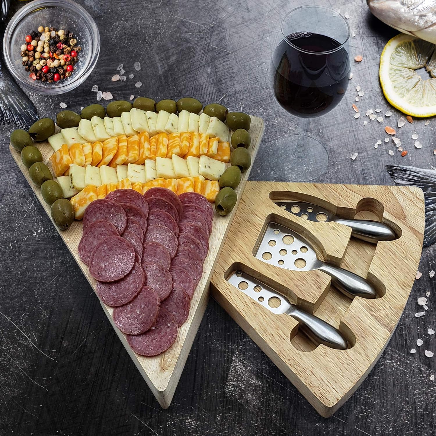 Juego de tablas de queso de madera de goma, plato de charcutería con juego de cubiertos, perfecto para cumpleaños, inauguración de la casa y regalos