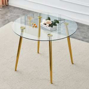 Mesa de comedor redonda, mesa de comedor moderna de 40 pulgadas, mesa de vidrio templado con patas de metal chapado en oro, Mesas de Comedor para Mesa de comedor redonda, mesa de comedor moderna de 40 pulgadas, mesa de vidrio templado con patas de metal chapado en oro, Mesas de Comedor para