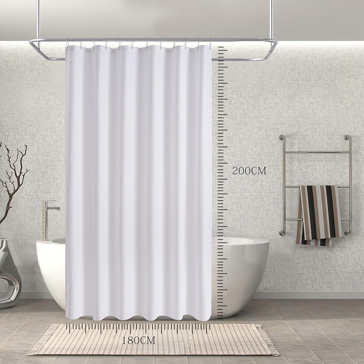 Cortina de ducha de punto gofre, cortina de ducha blanca con tela de poliéster ponderada, cortinas de baño de calidad de hotel con ganchos, 72 x 78