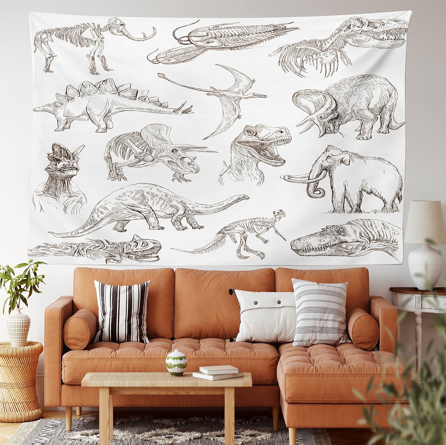 Ambesonne Tapiz jurásico, arreglo de varios dinosaurios, ilustraciones de esqueleto biología histórica, colgante de pared ancho para dormitorio,
