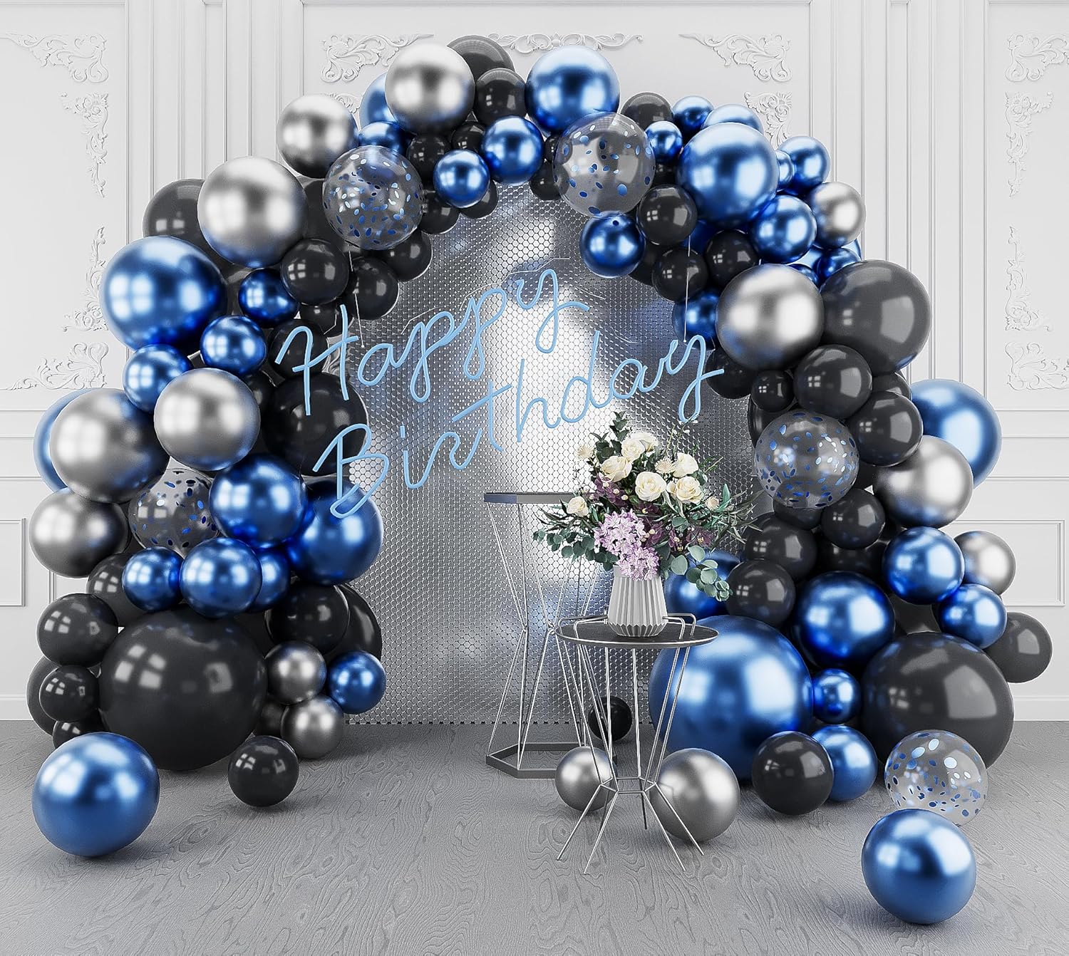 Kit de arco de guirnalda de globos azules, plateados y negros, 148 globos de confeti azul metálico, decoración de fiesta para baby shower,