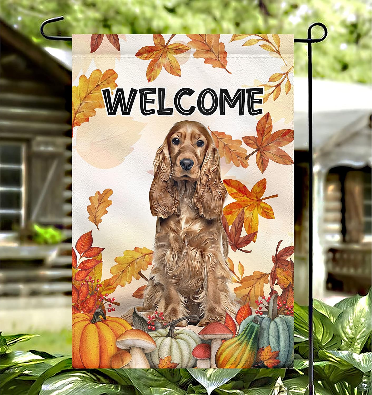 Prezzy Bandera de jardín de perros de otoño, banderas de Cocker Spaniel inglés, decoración al aire libre, 12.5 x 18 pulgadas, vertical, de doble