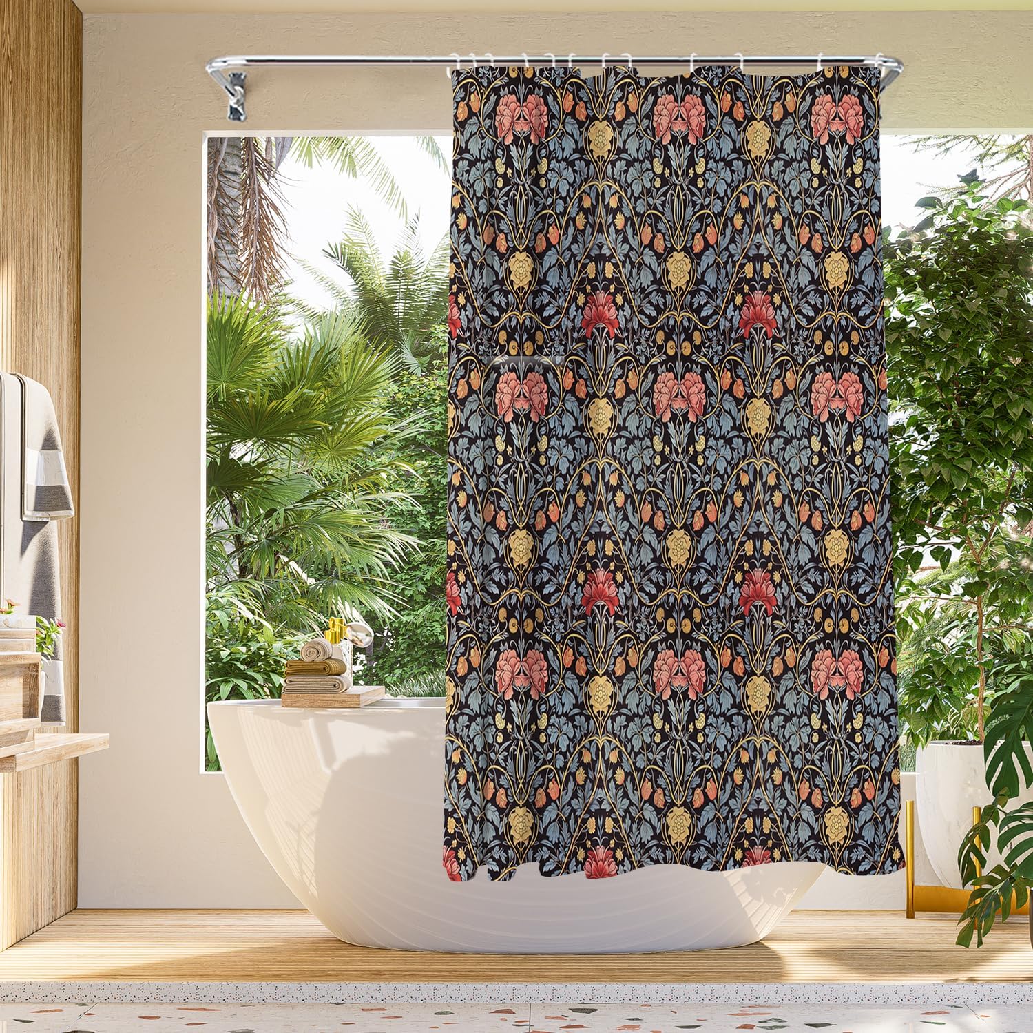 William Morris Vintage Floral Shower Curtain,BluePinkYellow Flower Shower Curtain Sets for Bathroom with 12 Hooks,Farmhouse Waterproof Shower