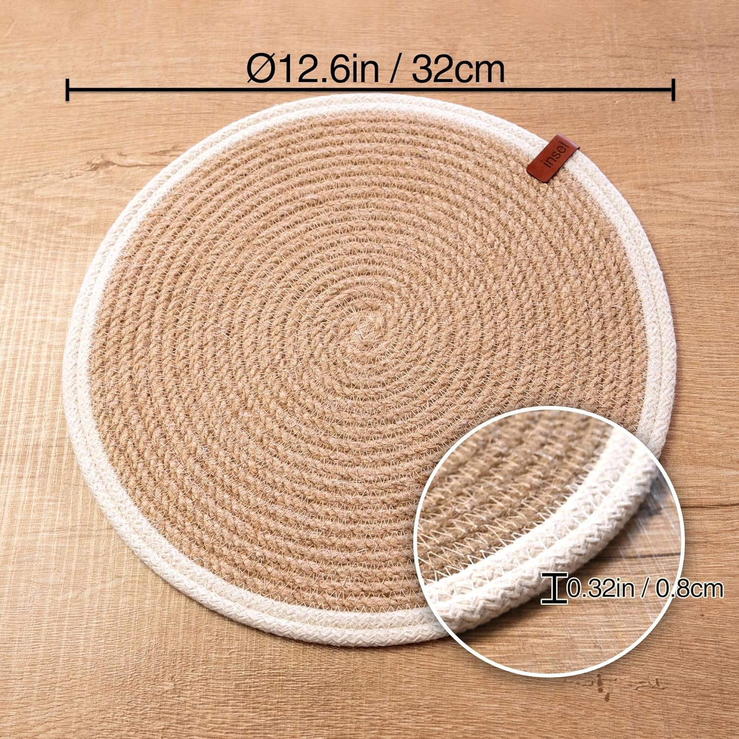Juego de 4 manteles individuales redondos, hechos a mano con yute natural trenzado con cordón de algodón blanco, diámetro de 12.6 pulgadas,