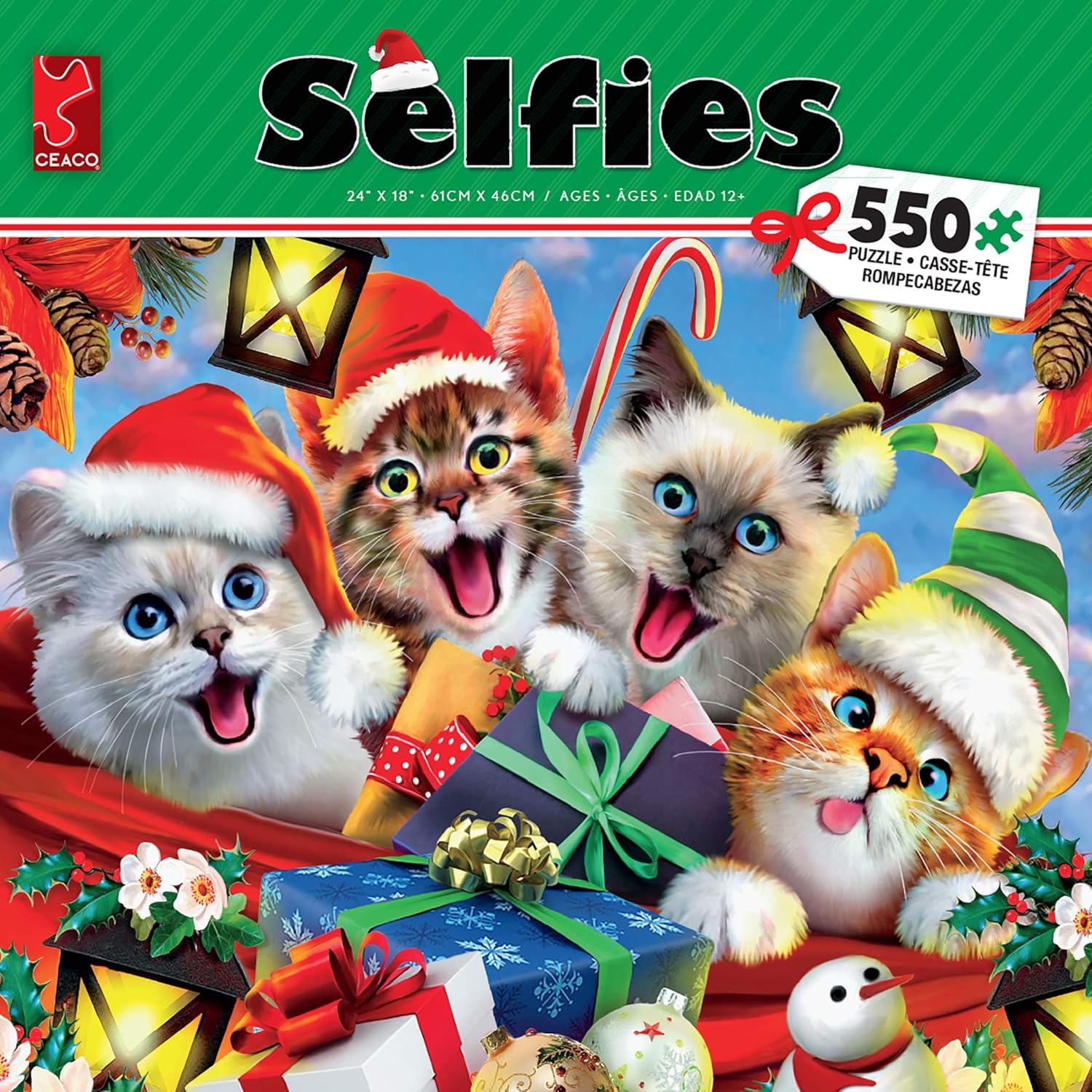Ceaco – Selfies – Gatos navideños con sombreros Selfie – Rompecabezas de 550 piezas