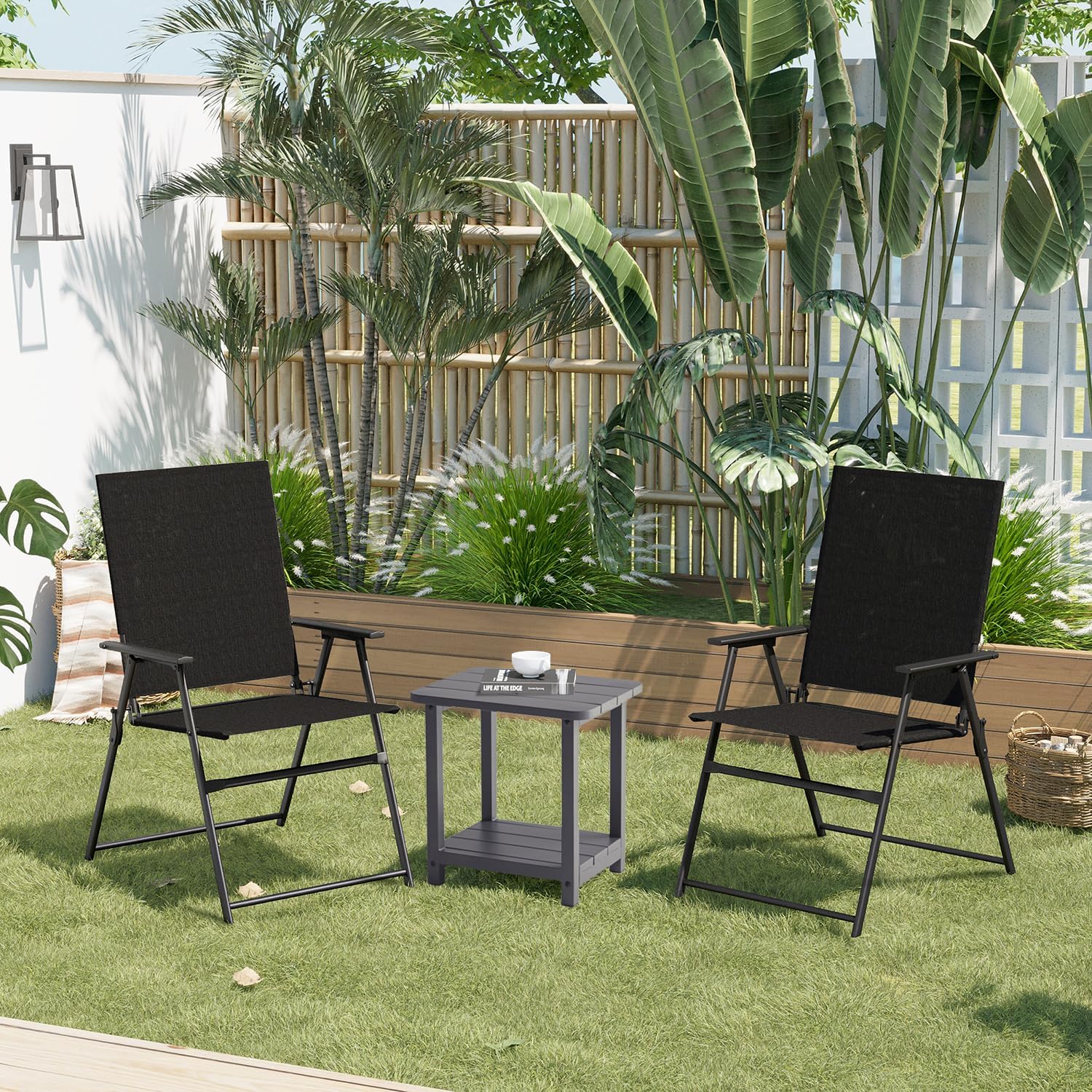 VICLLAX 2 sillas plegables para patio, sillas de comedor portátiles al aire libre para césped, jardín y porche, color negro
