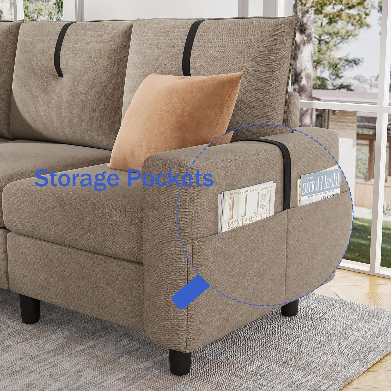 Sofás seccionales en forma de L de 80 pulgadas, sofá de 3 plazas con otomana reversible y bolsillo de almacenamiento lateral, sofá modular pequeño