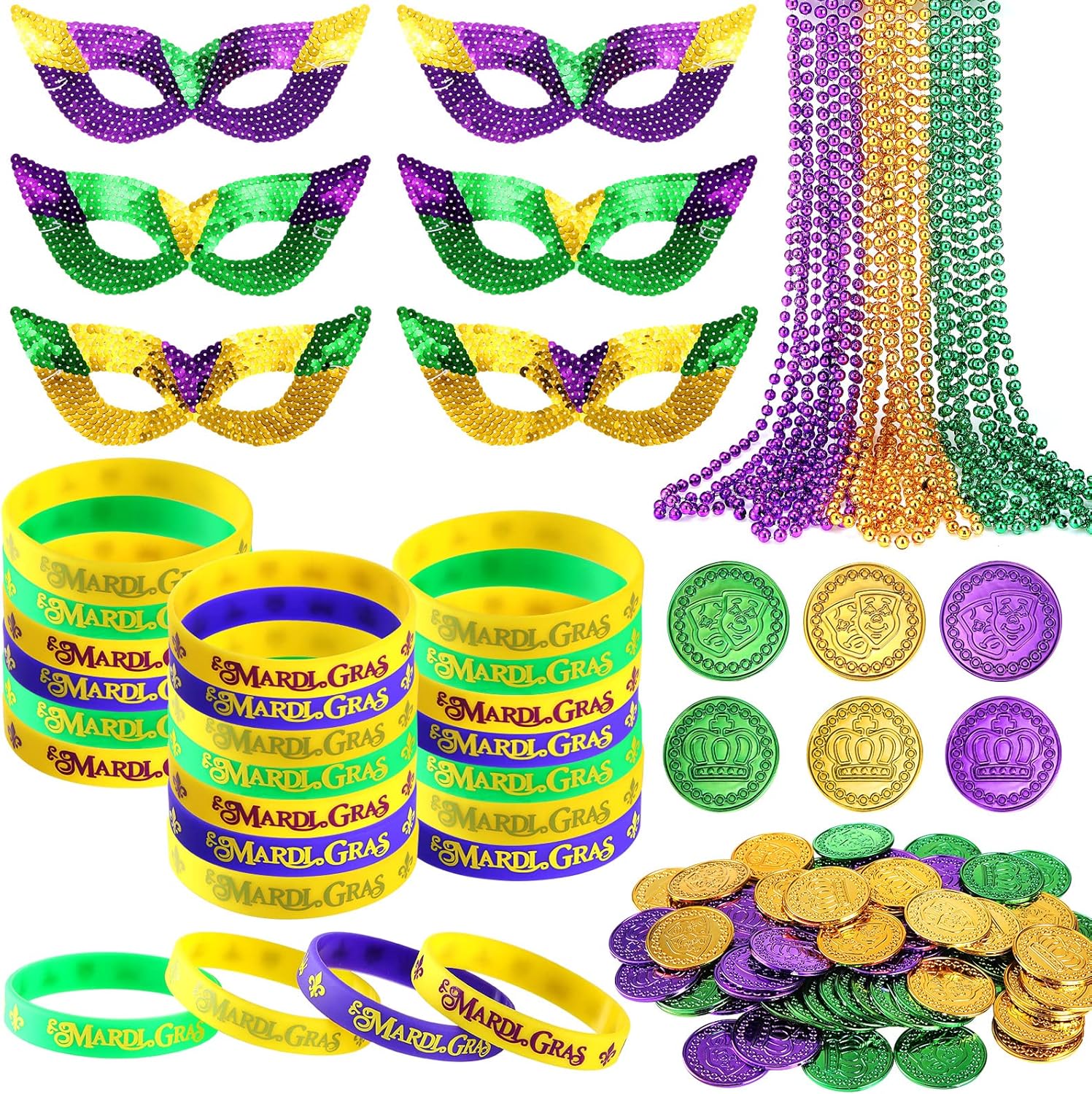 120 unidades de Mardi Gras, recuerdos de fiesta, Mardi Gras, máscaras de ojos de plástico, morado, verde, dorado, monedas, collares, pulseras de