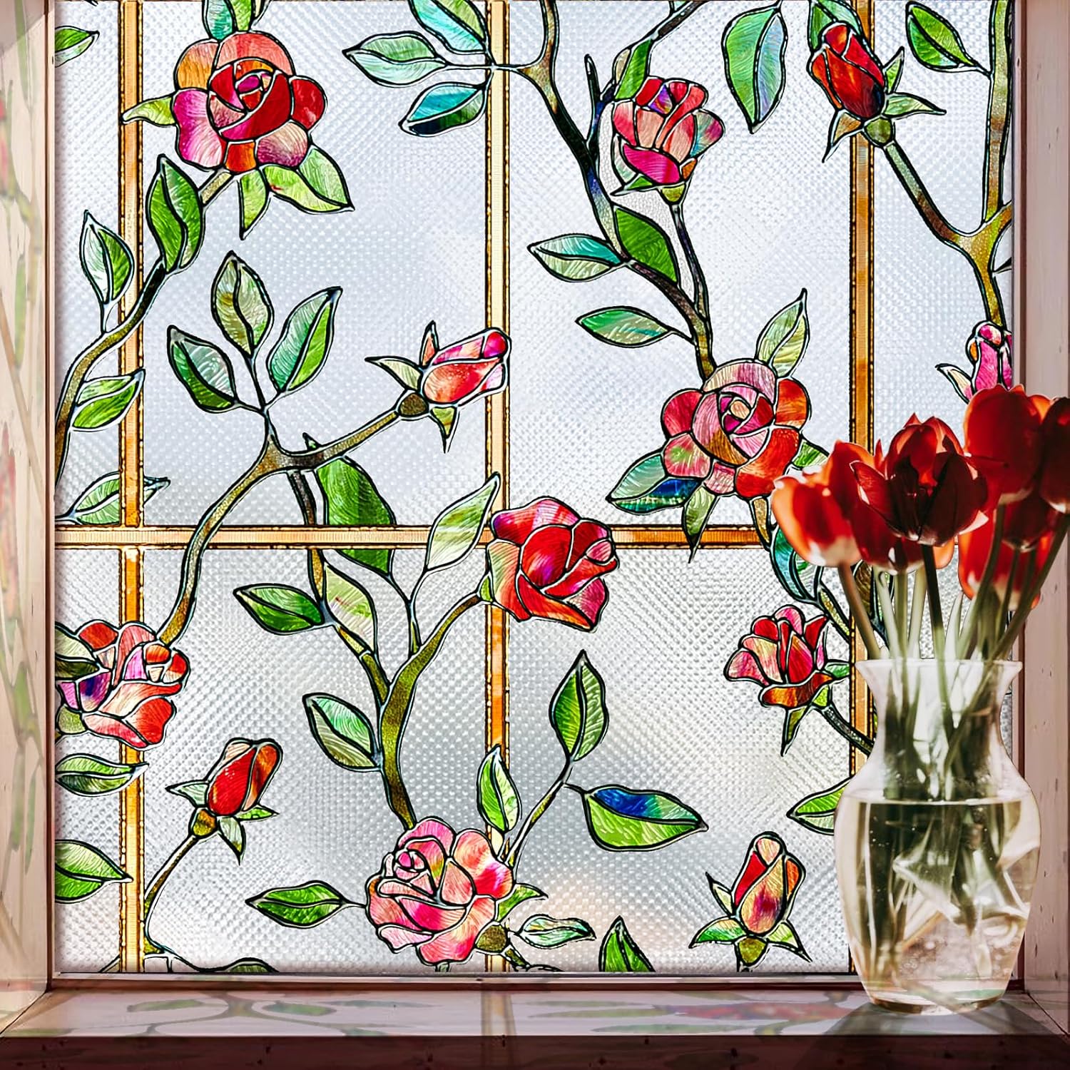 Windimiley Película de privacidad para ventanas de vitral 3D rosa decorativa para baño, esmerilado, se adhiere a la ventana de bloqueo del calor del
