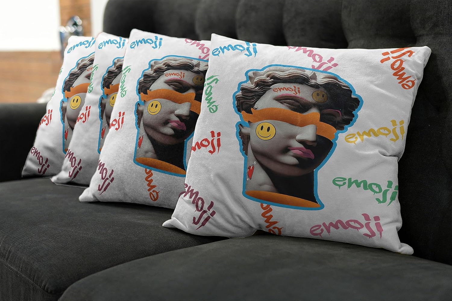 Ambesonne Emoji Decorative Throw Pillow Case Pack of 4, Modern Illustration of Antique Sculpture Portrait Graffiti Shapes and Forms, Cushion Cover