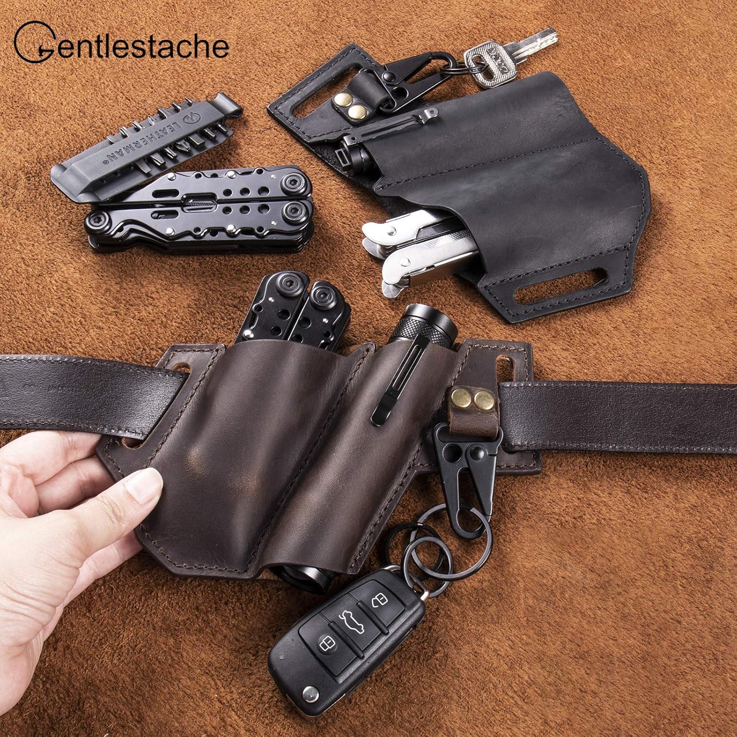 Gentlestache Funda de cuero para cinturón, funda de cuero para multiherramienta, organizador de bolsillo de cuero