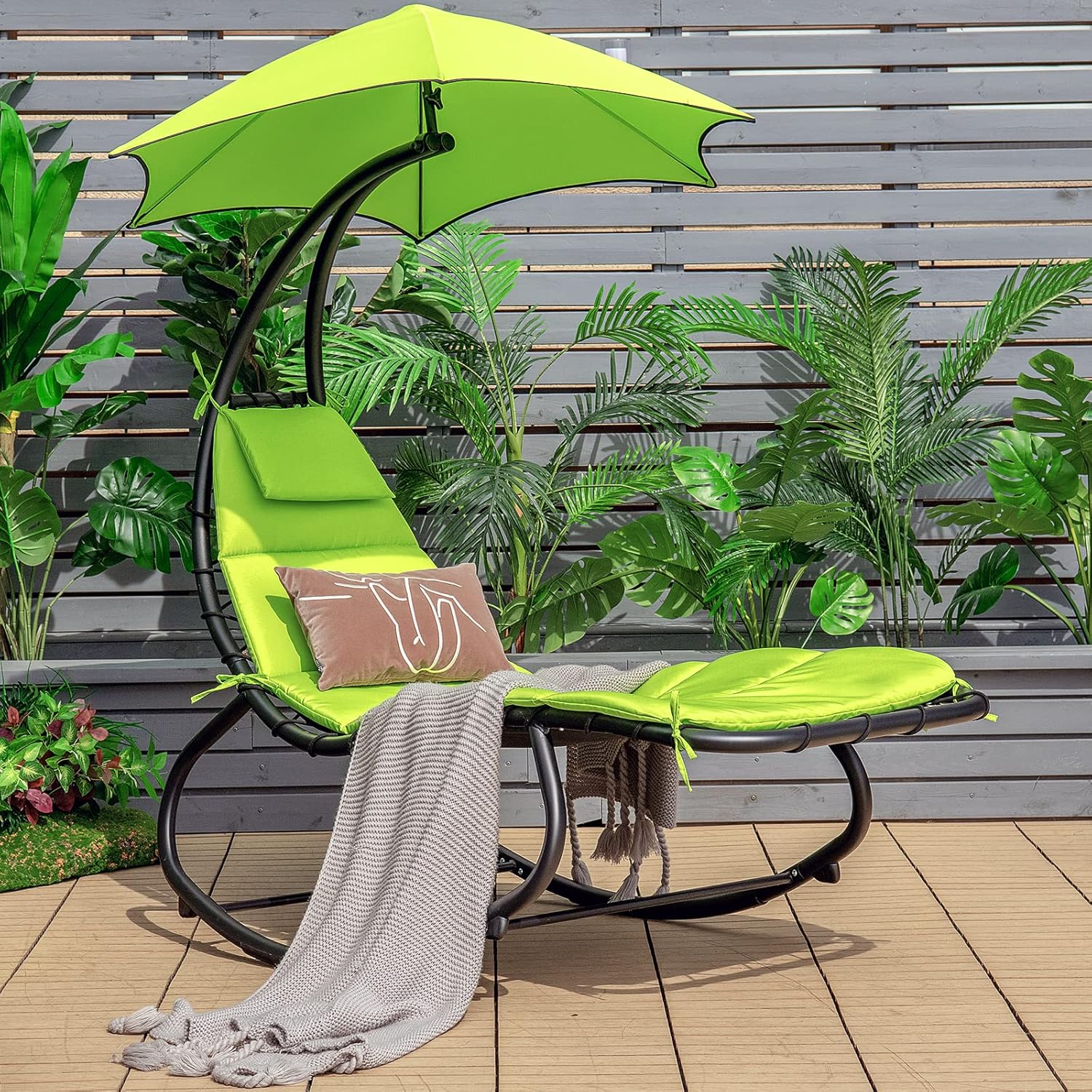 Giantex Silla de hamaca tumbona, silla colgante al aire libre con toldo de sombra, acero con recubrimiento en polvo, tela impermeable, almohada