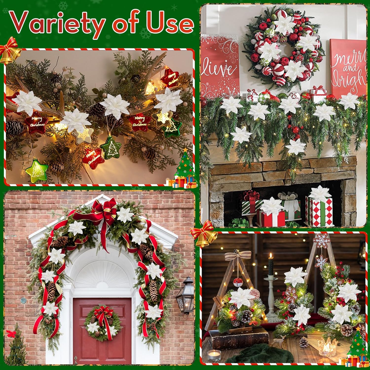 Serwalin 20 flores de Navidad artificiales blancas de 5.5 pulgadas, decoraciones con clips, tallos con purpurina, adornos de árbol de Navidad, boda,