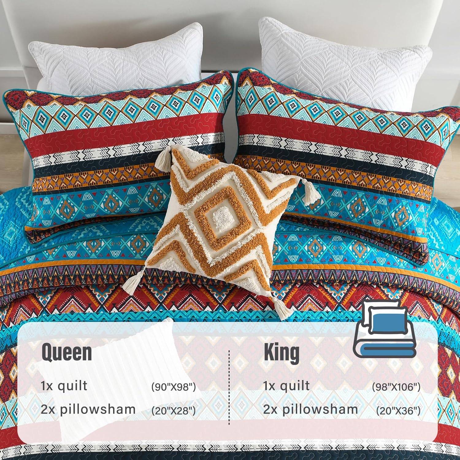 Juego de edredón Queen (90 x 98 pulgadas), edredón bohemio 100% algodón con 2 fundas de almohada, juego de ropa de cama ligero y suave para todas