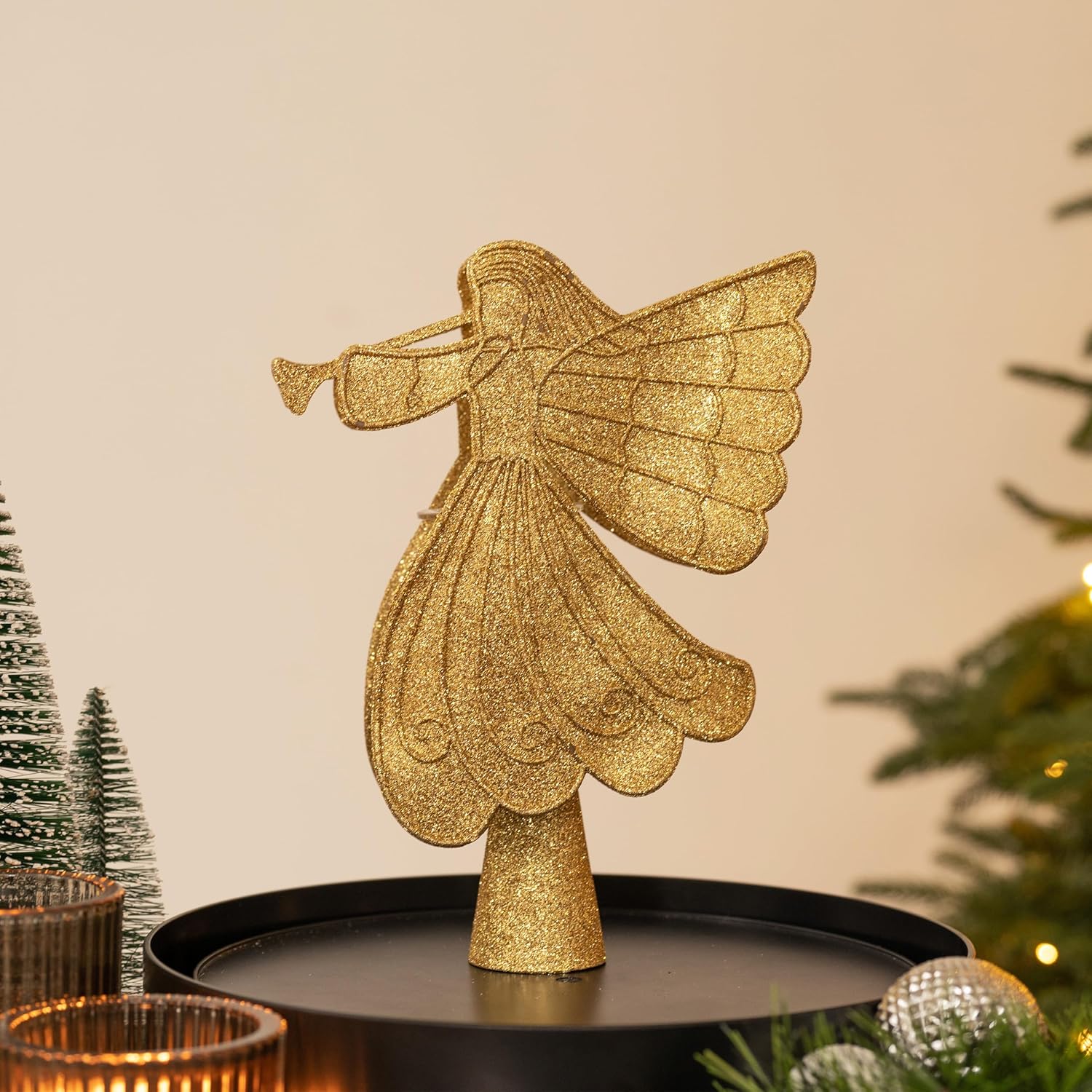 Valery Madelyn Decoración de árbol de ángel de Navidad con luces LED giratorias de copos de nieve, copa de árbol dorada iluminada con proyección de