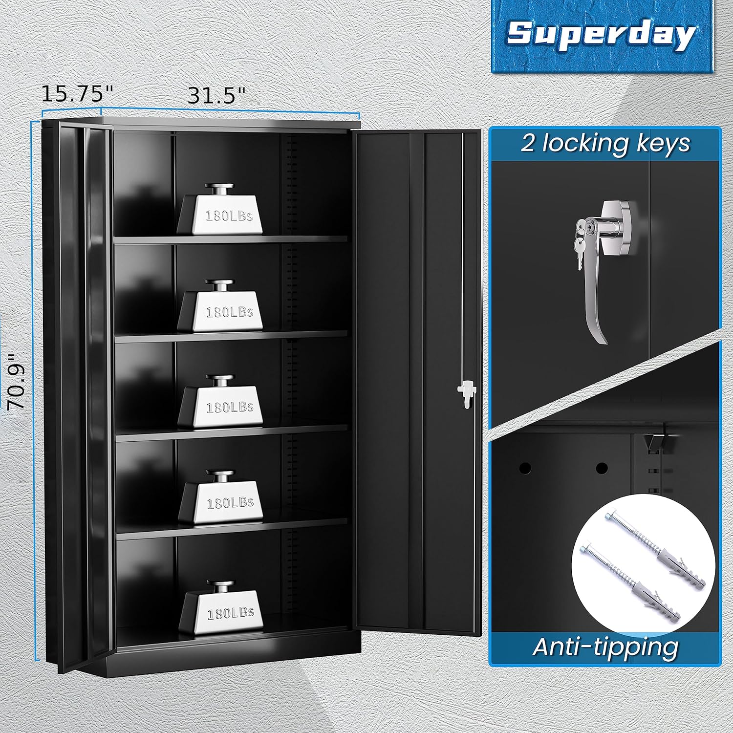 Superday Armario de almacenamiento con cerradura, armarios de almacenamiento de garaje de 71 pulgadas con cerradura, gabinete de metal negro con 2