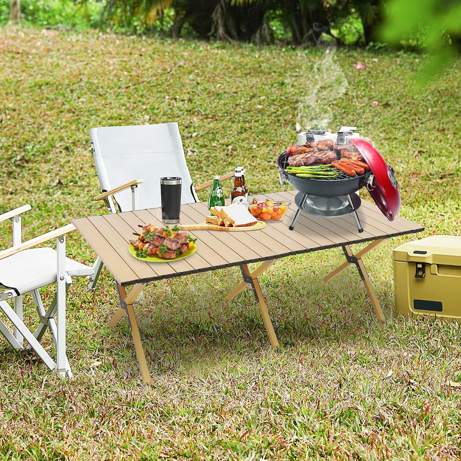 MAKELEN Mesa plegable para exteriores con bolsa de transporte, mesa cuadrada enrollable de aluminio ligero para interiores, campamento al aire