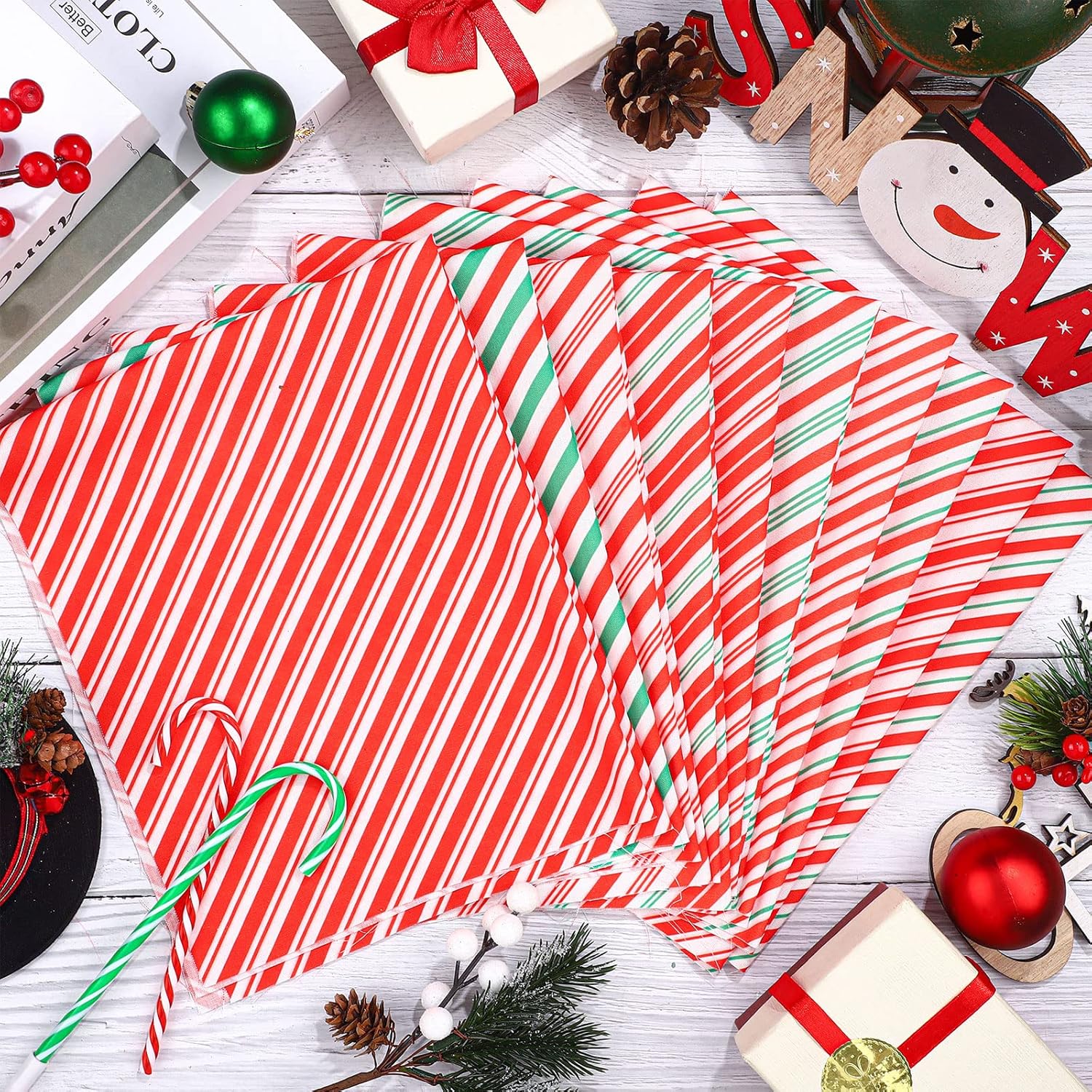 10 paquetes de tela de Navidad para coser, tela de algodón roja y verde, tela de impresión de bastón de caramelo cuadrado para costura de retazos,