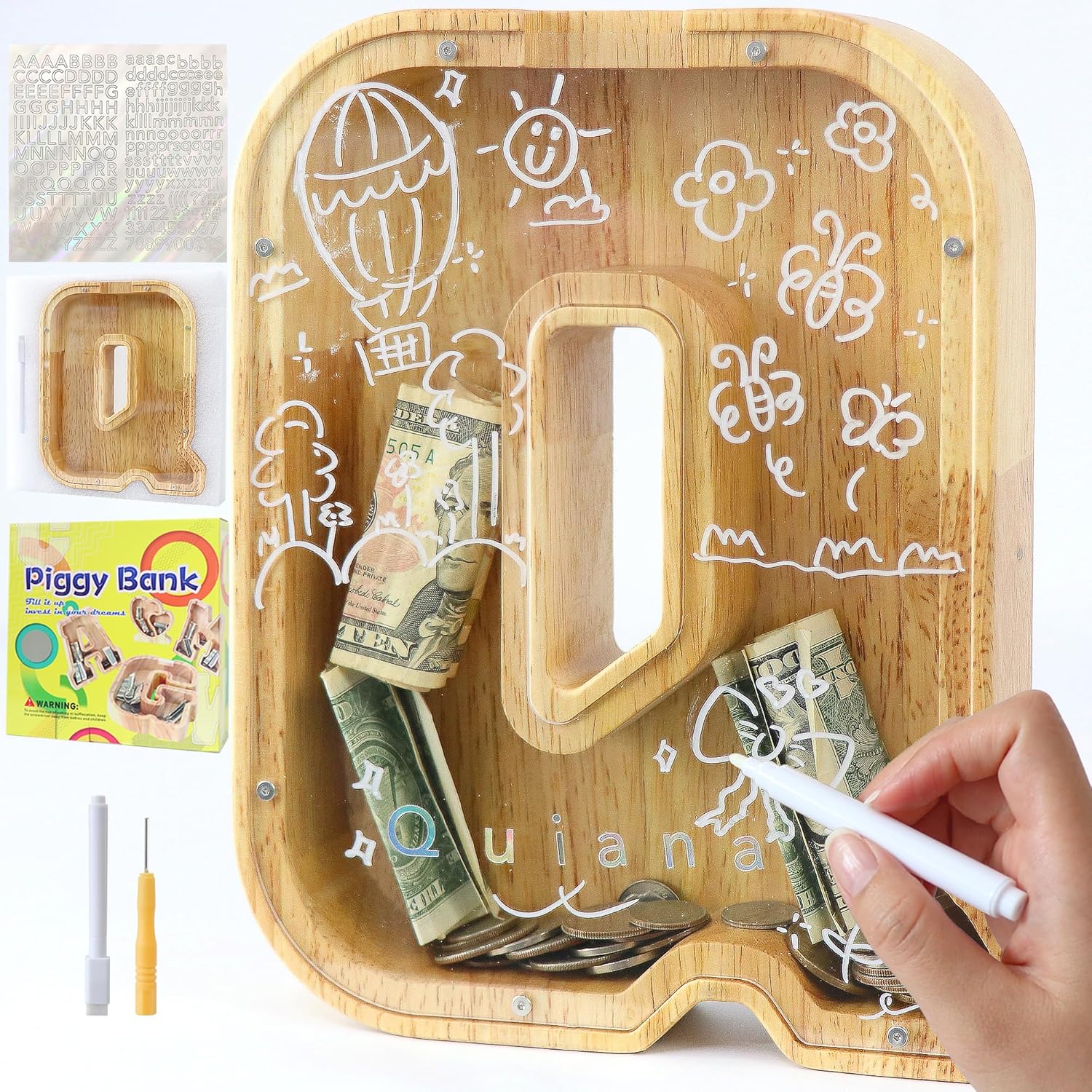 weallbuy Alcancía de madera grande con letras para niños y niñas, alcancías personalizadas de madera de la A a la Z con área objetivo, letras del