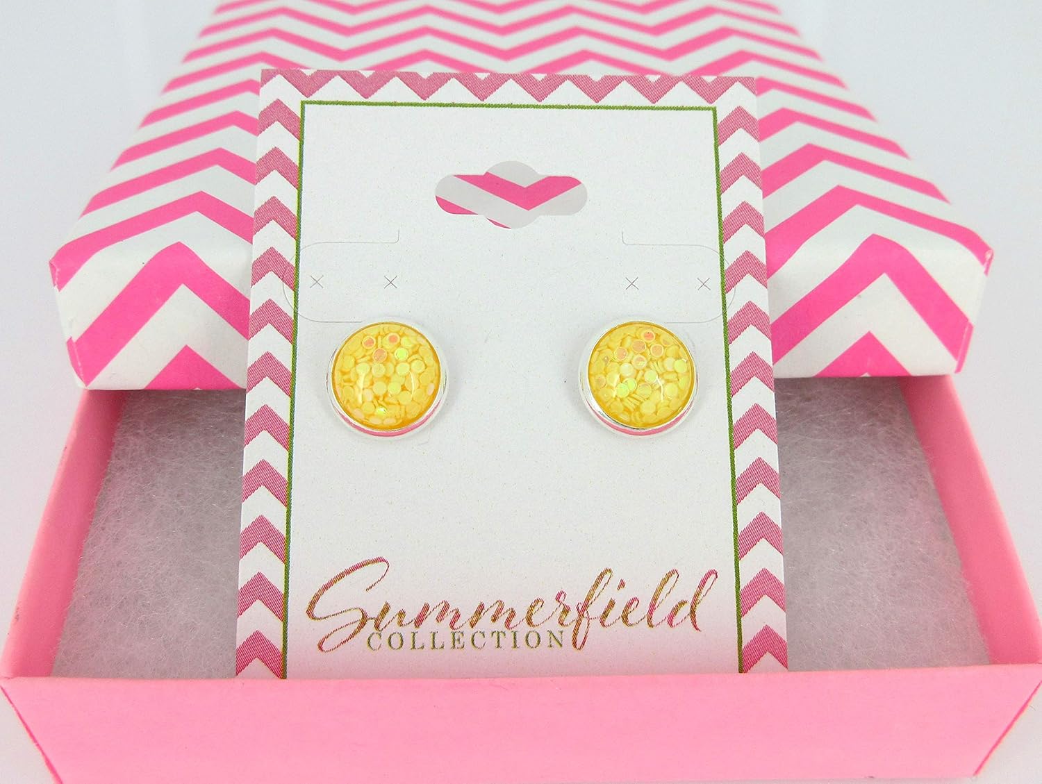 Summerfield Collection Shiny Silver-tone Iridescent Glitter Resin Stud Earrings 10mm (Yellow)