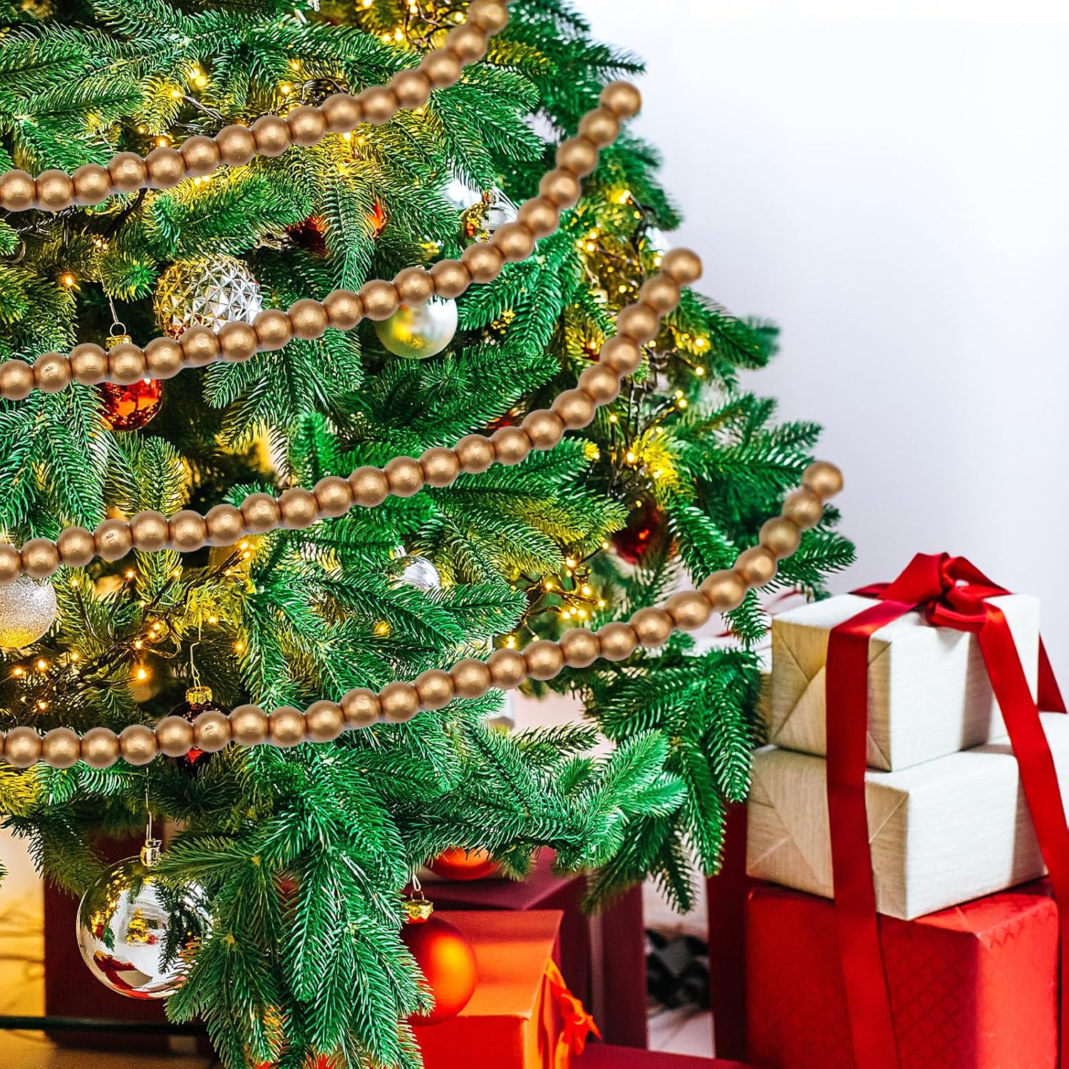 Frienda Guirnalda de cuentas de madera de Navidad de 100 pies, decoración de árbol de Navidad con cuentas de madera, cuentas decorativas de granja,