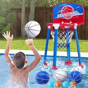 HYES Aro de baloncesto para piscina junto a la piscina con tablero, juguetes flotantes para piscina con 4 pelotas de baloncesto4 globos de HYES Aro de baloncesto para piscina junto a la piscina con tablero, juguetes flotantes para piscina con 4 pelotas de baloncesto4 globos de