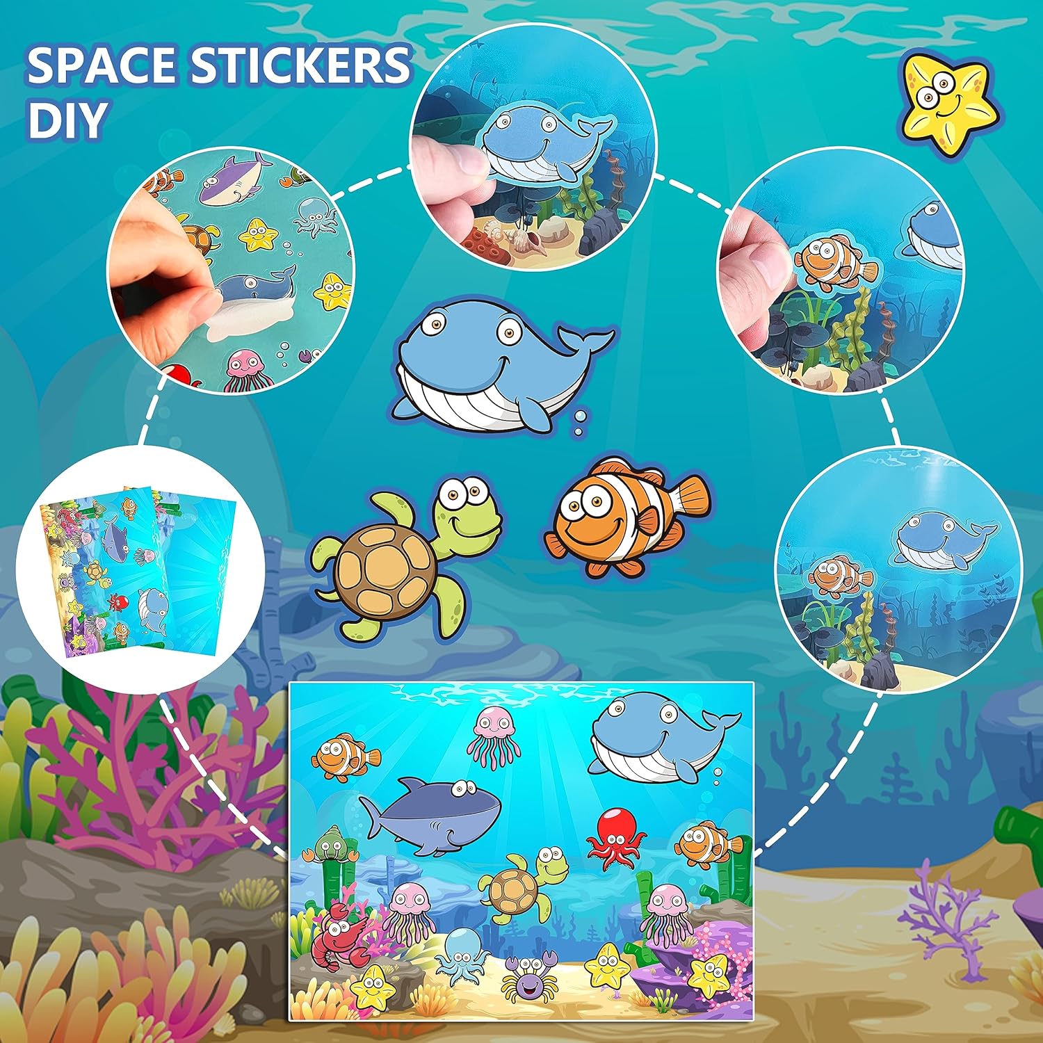 24 hojas de calcomanías de animales marinos y océanos para niños, lindas calcomanías de peces de vida marina, calcomanías de tiburón tropical,
