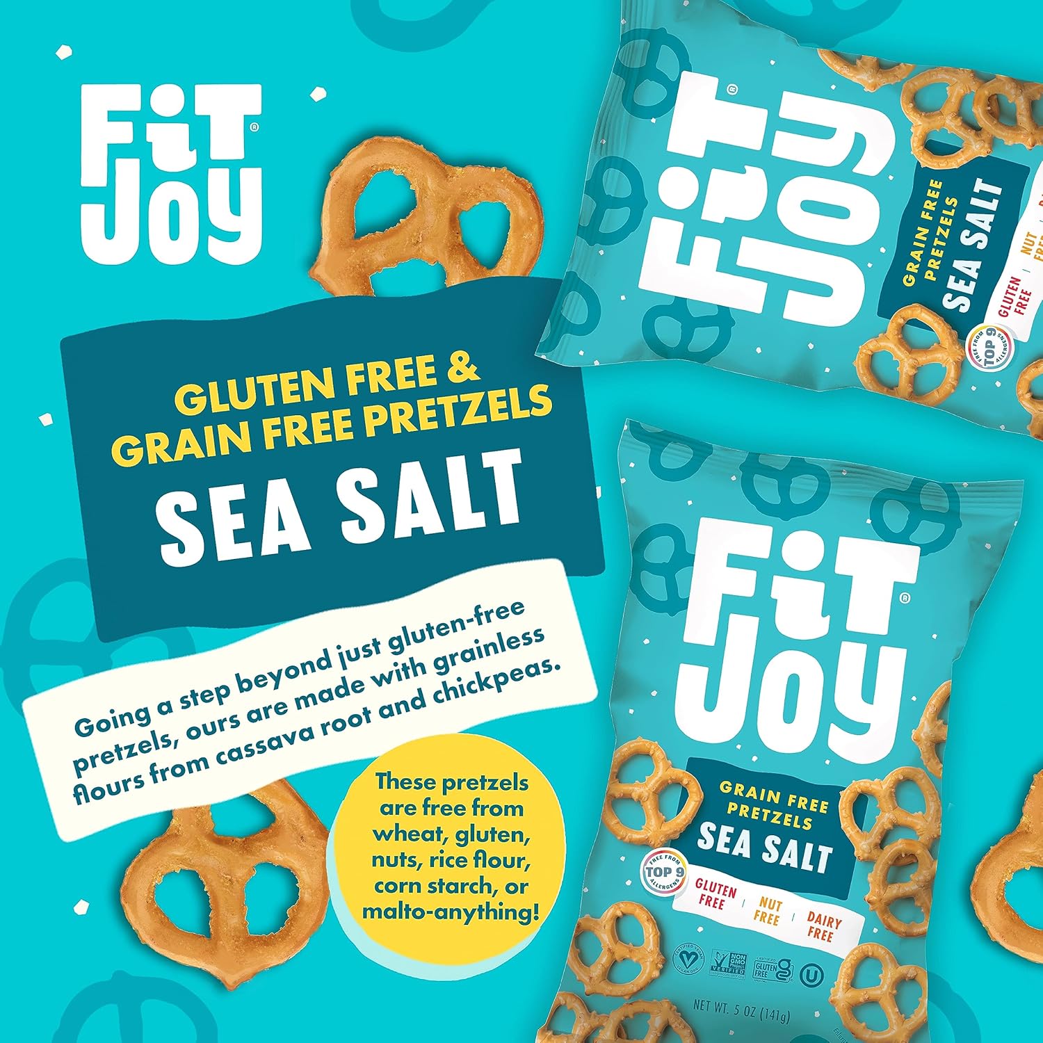 FitJoy Pretzels sin gluten, giros de sal marina, sin granos aperitivos sin gluten con crujiente crujiente hecho en EE. UU. – Sin nueces, sin OMG,