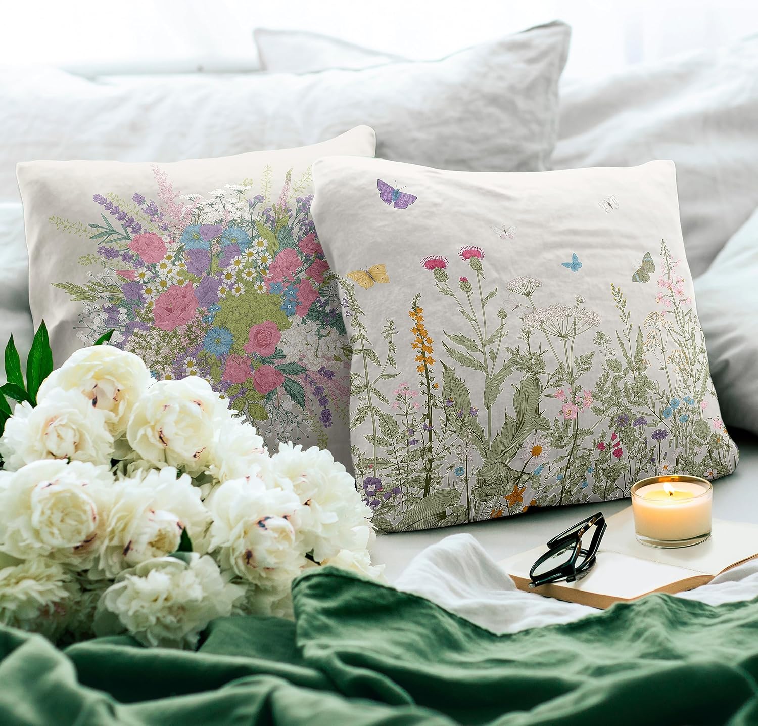 weesire Juego de 4 fundas de almohada florales para decoración de verano y primavera, color verde salvia, fundas de cojín decorativas de algodón