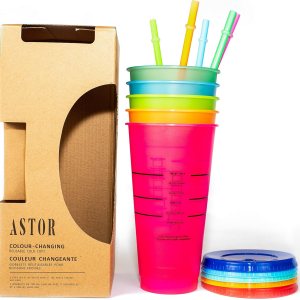 ASTOR – Vasos que cambian de color Juego de 5 vasos reutilizables con tapas y pajitas Vaso frío de 24 onzas Vasos de café helado ASTOR – Vasos que cambian de color Juego de 5 vasos reutilizables con tapas y pajitas Vaso frío de 24 onzas Vasos de café helado