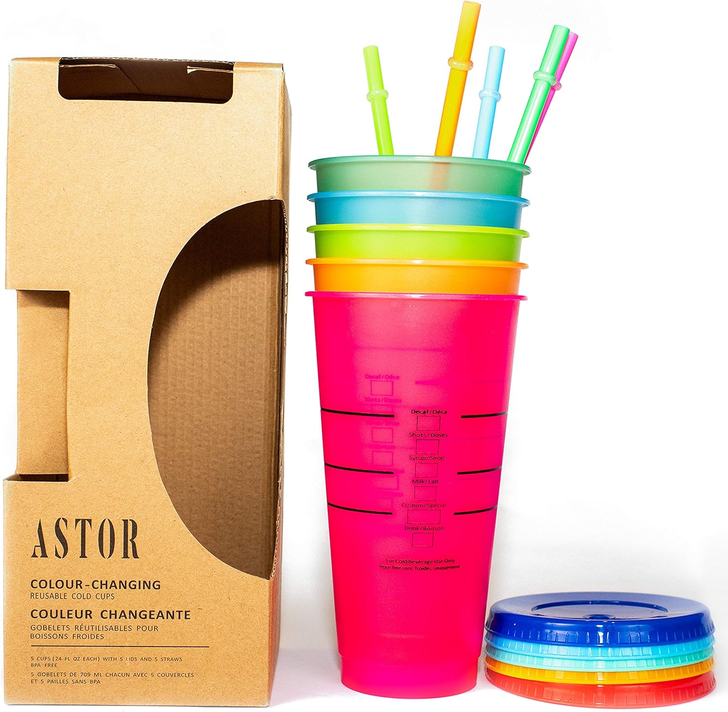 ASTOR – Vasos que cambian de color  Juego de 5 vasos reutilizables con tapas y pajitas  Vaso frío de 24 onzas  Vasos de café helado