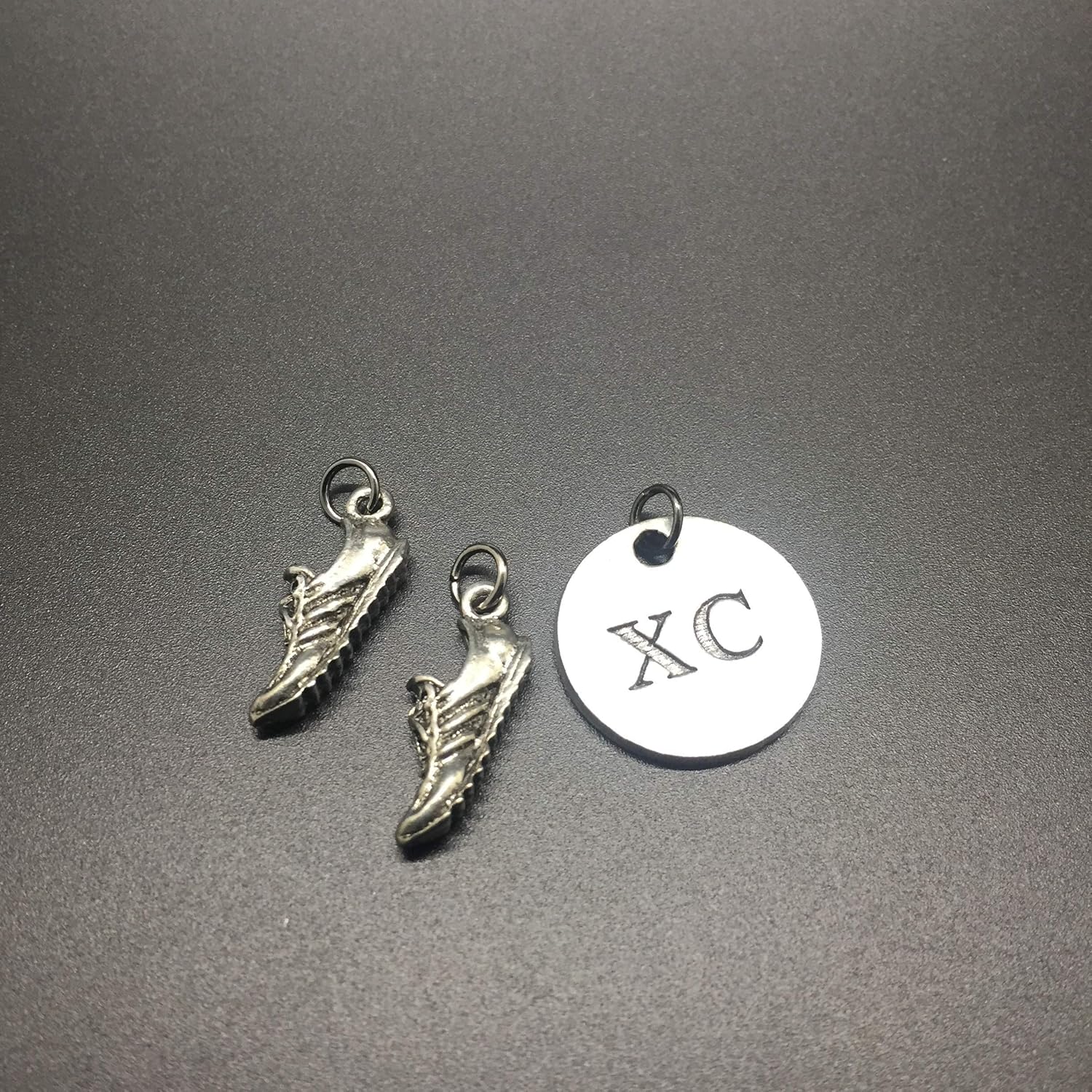 Running SHOE XC Round Pewter Charm Set – Pair of Running Shoe Charms – TWO (2) Pewter Running Shoe Charms and 1 Round Pewter XC Pendant in Organza