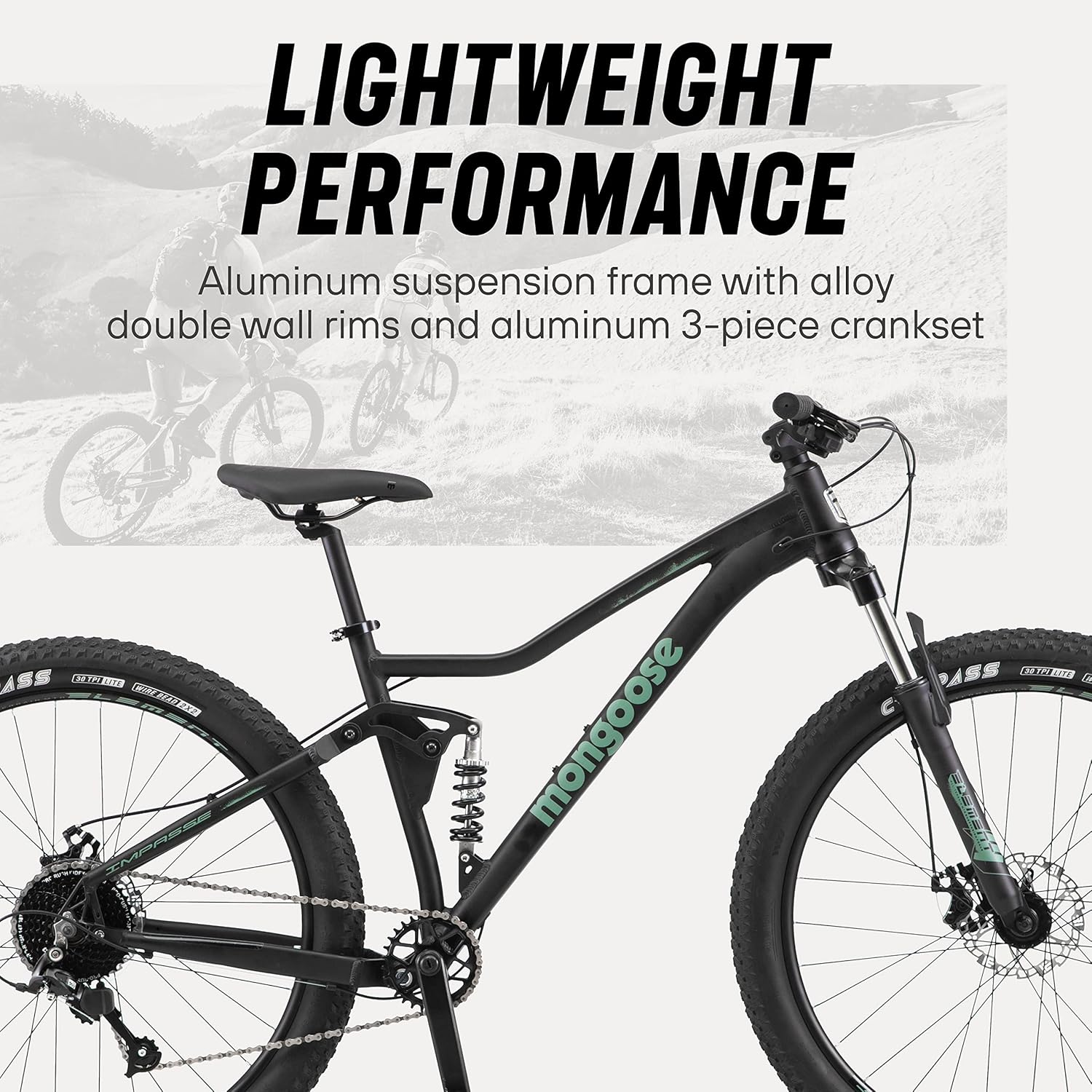 Mongoose Impasse – Bicicleta de montaña para adultos, hombres y mujeres, ruedas de 27.5 o 29 pulgadas, marco de aluminio, suspensión completa,