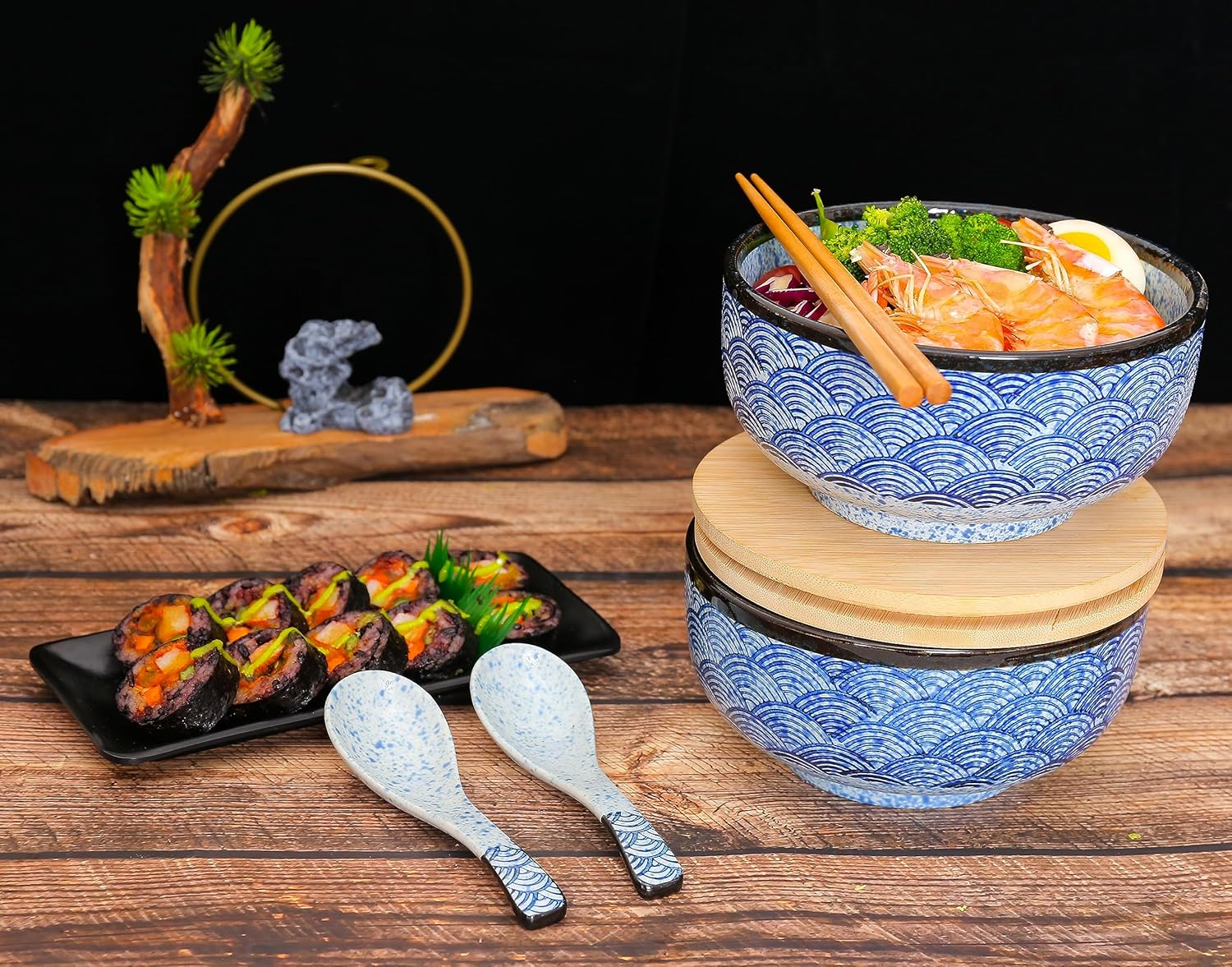 Juego de tazones de cerámica japoneses para ramen, cuencos de sopa grandes de 31 onzas con palillos y cuchara para Pho Udon Soba asiática (patrón