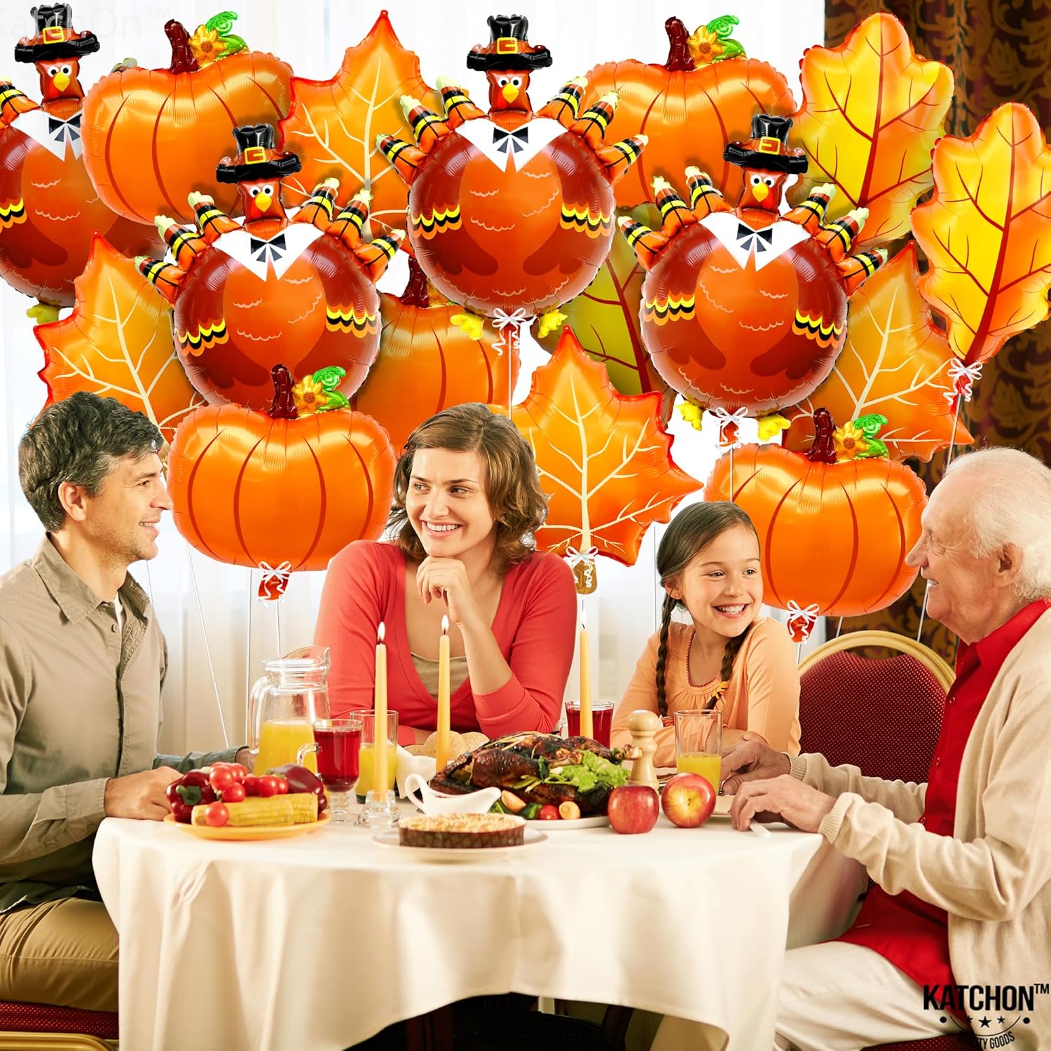 KatchOn, Juego de globos de aluminio de calabaza y pavo, grande, paquete de 24  Globos de papel de aluminio de Acción de Gracias para decoración de